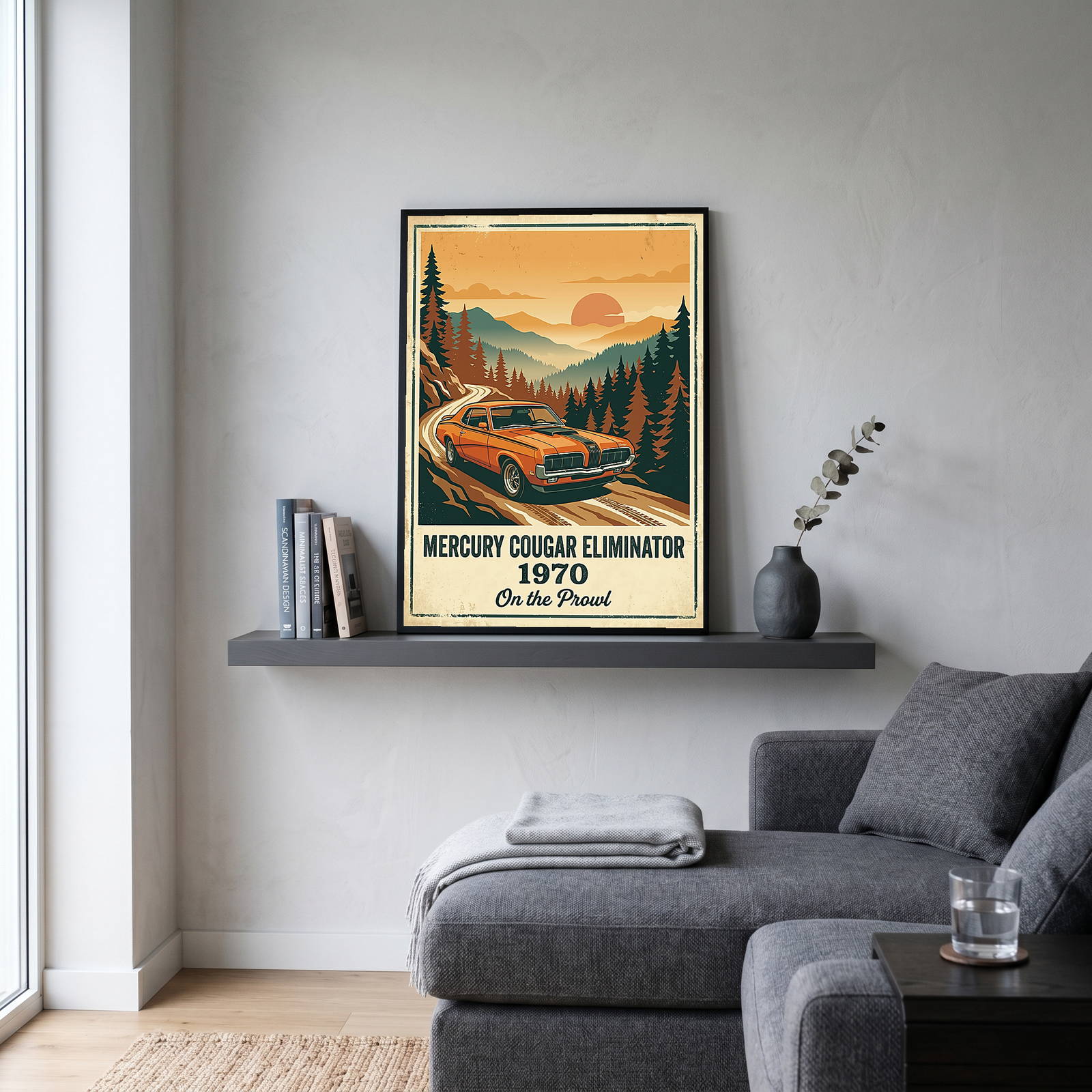 Mercury Cougar Eliminator 1970 V2 Poster — Vintage Muscle Car Pine Forest Sunset