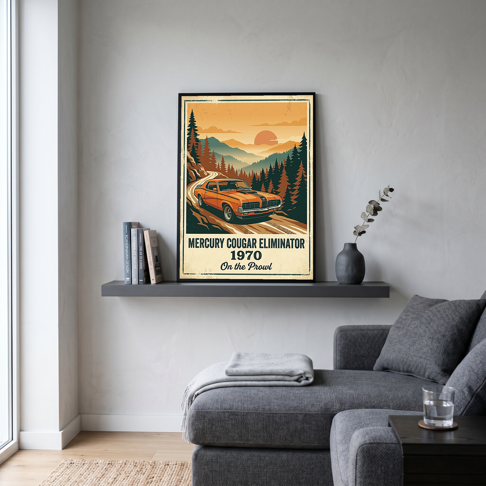 Mercury Cougar Eliminator 1970 V2 Poster — Vintage Muscle Car Pine Forest Sunset