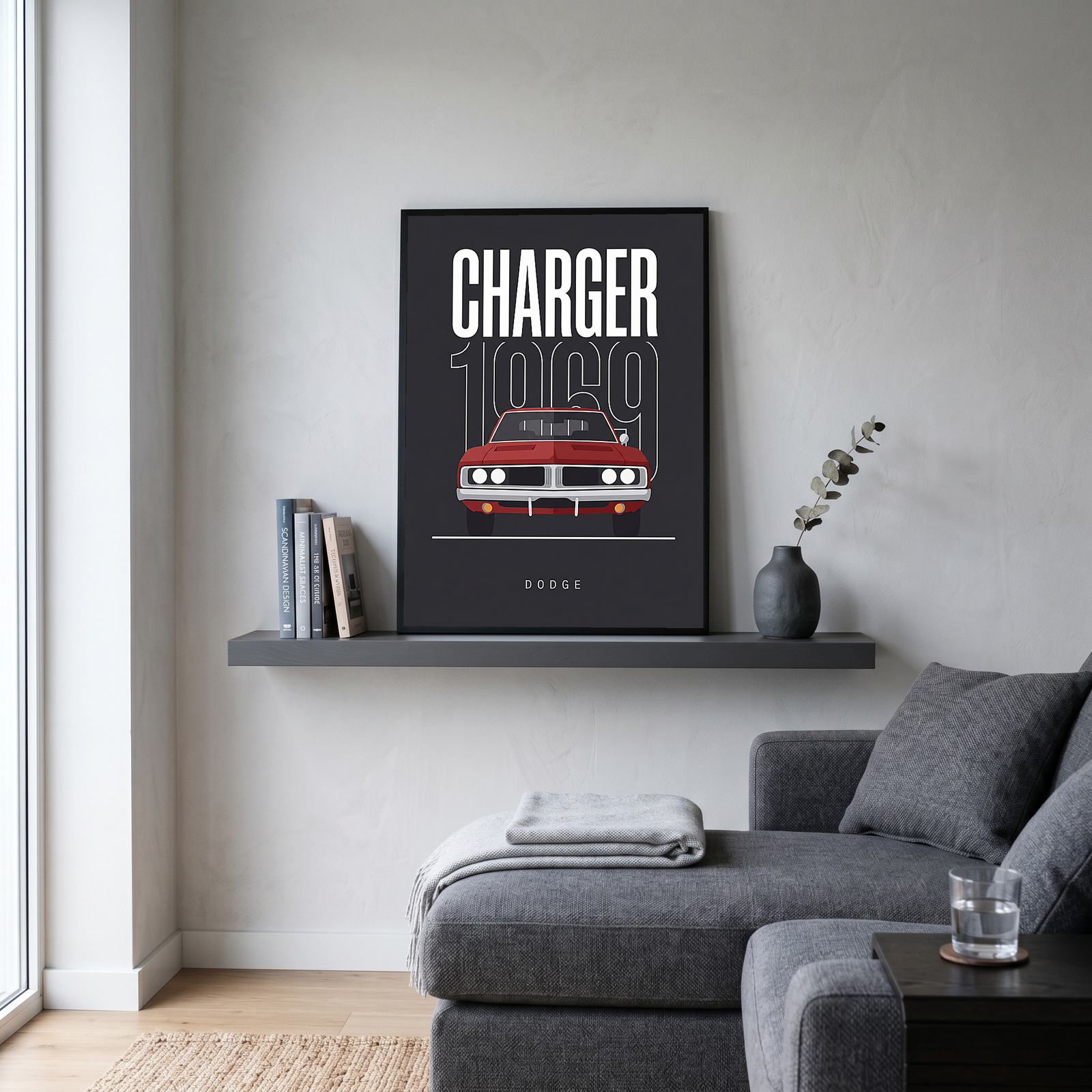 Dodge Charger 1969 V2 Charcoal Minimalist Poster — Muscle Car Line Art