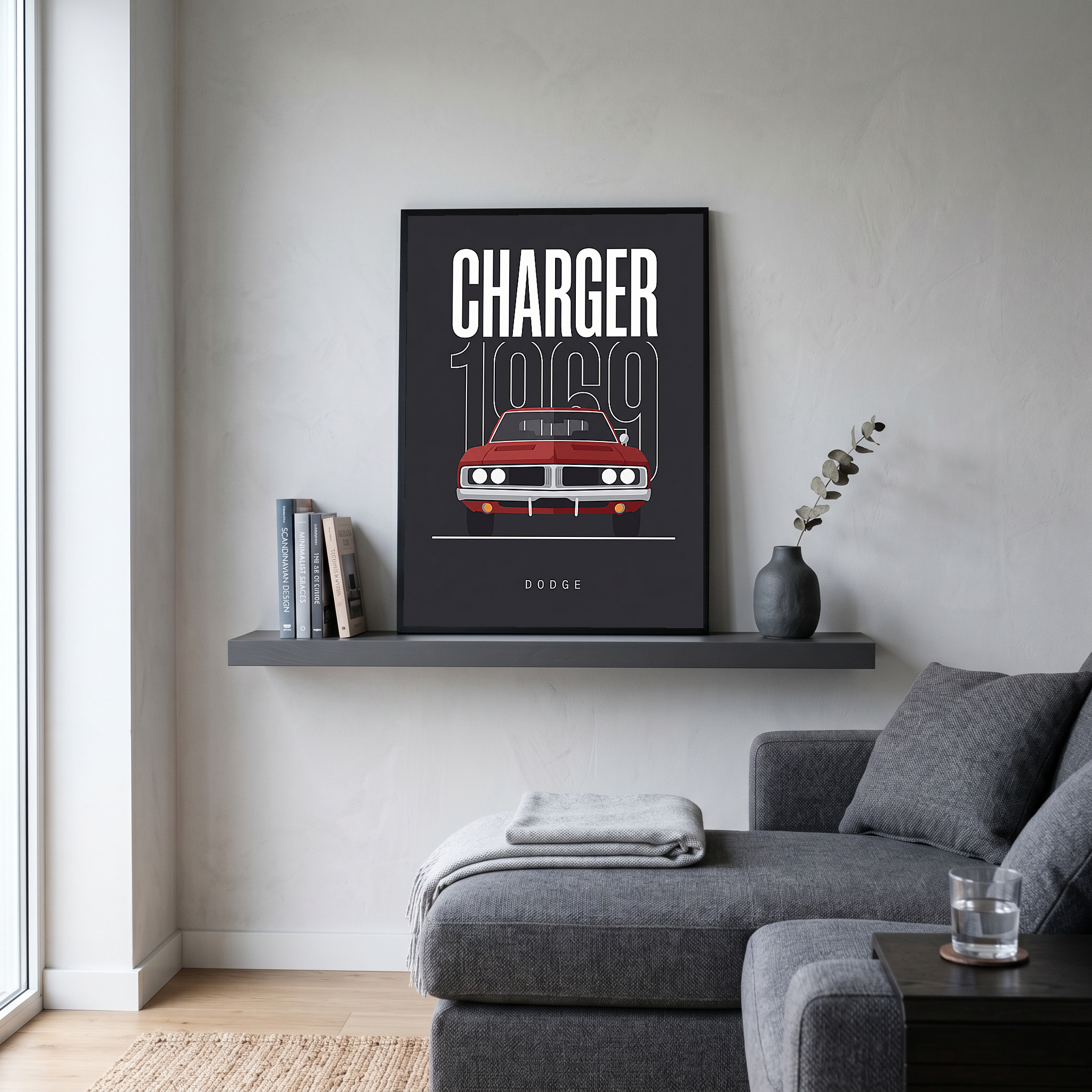 Dodge Charger 1969 V2 Charcoal Minimalist Poster — Muscle Car Line Art