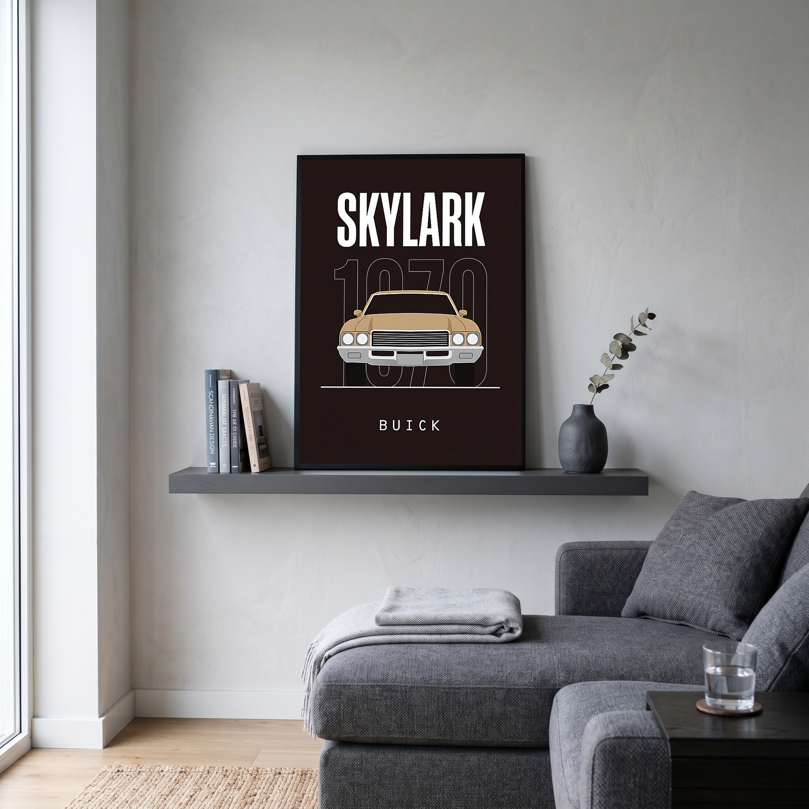 Buick Skylark 1970 Minimalist Poster — Tan on Espresso Muscle Car Line Art