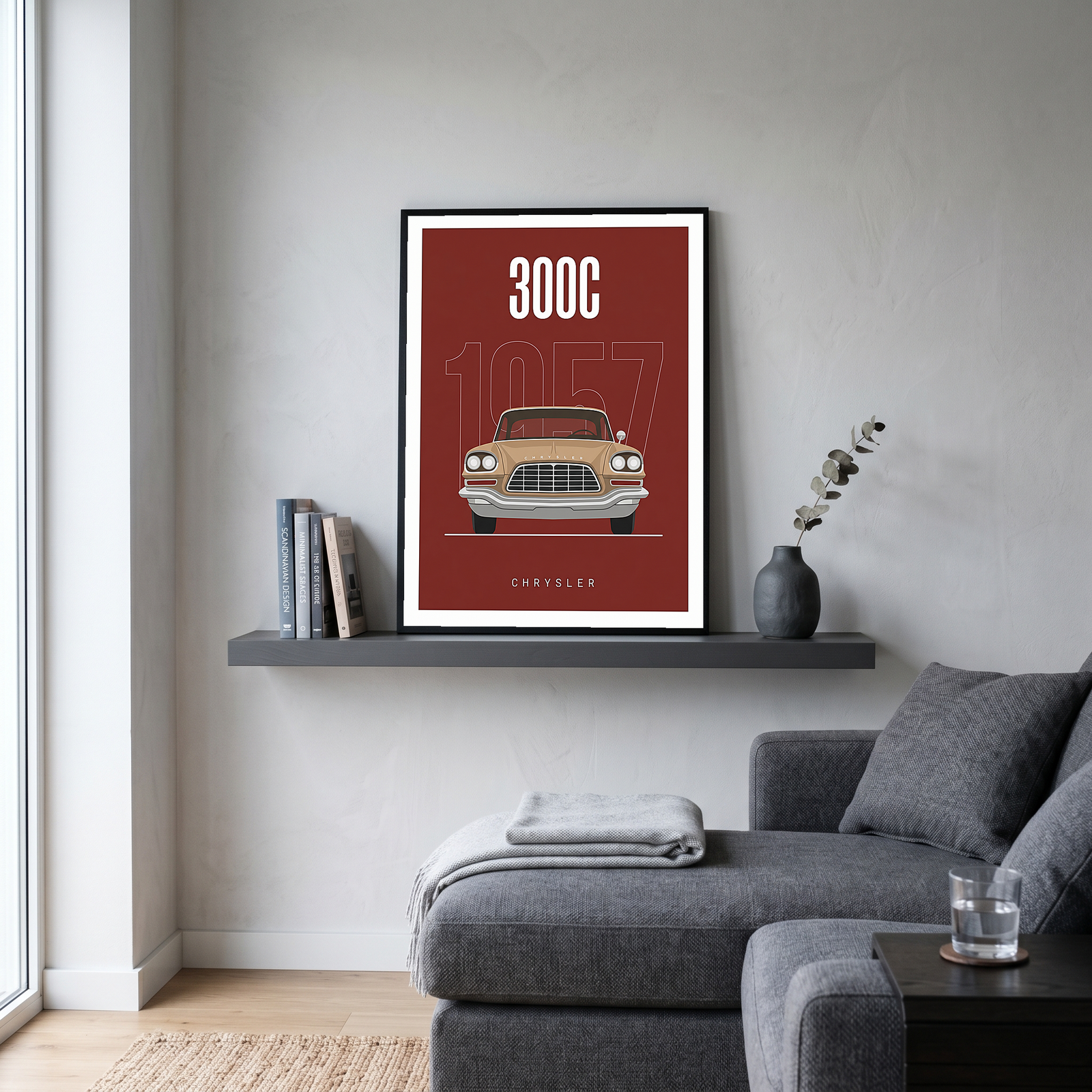 Chrysler 300C 1957 Minimalist Poster — Crimson Letter Series Line Art