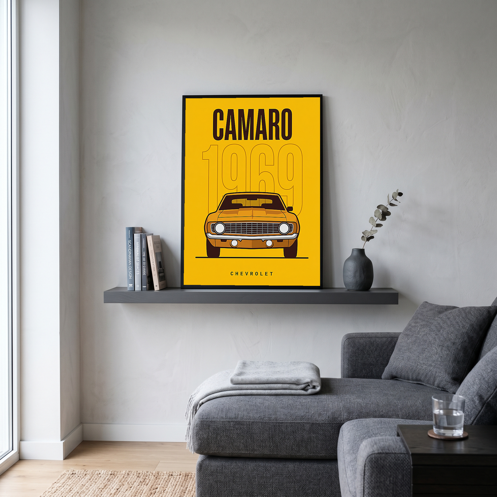 Chevrolet Camaro 1969 V2 Yellow Minimalist Poster — Muscle Car Line Art