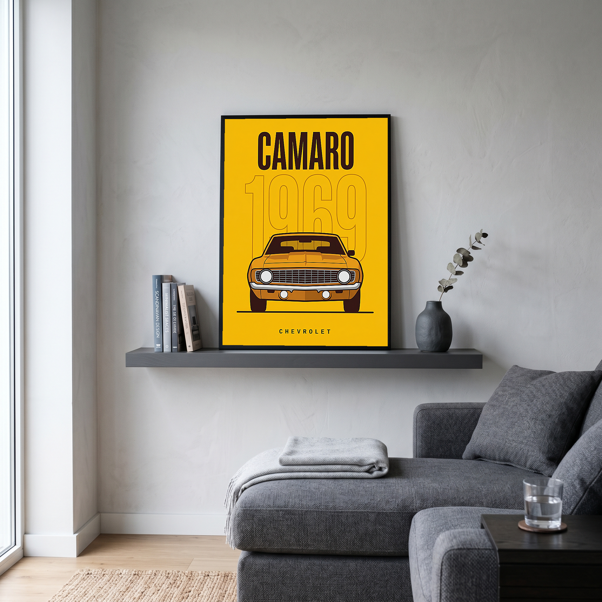 Chevrolet Camaro 1969 V2 Yellow Minimalist Poster — Muscle Car Line Art