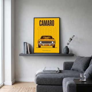 Chevrolet Camaro 1969 V2 Yellow Minimalist Poster — Muscle Car Line Art