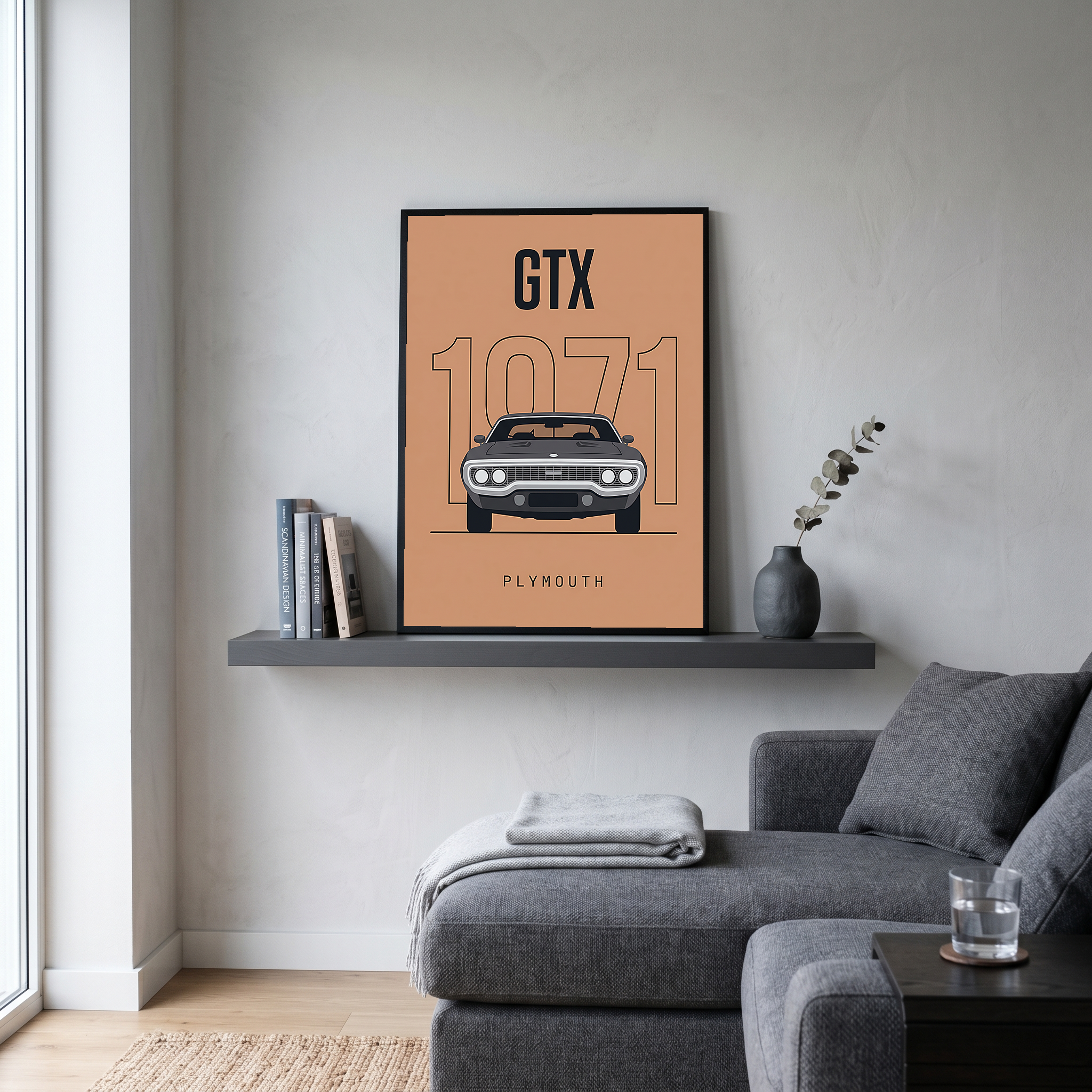 Plymouth GTX 1971 Minimalist Poster — Peach B-Body Muscle Line Art