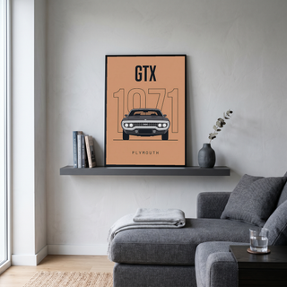 Plymouth GTX 1971 Minimalist Poster — Peach B-Body Muscle Line Art