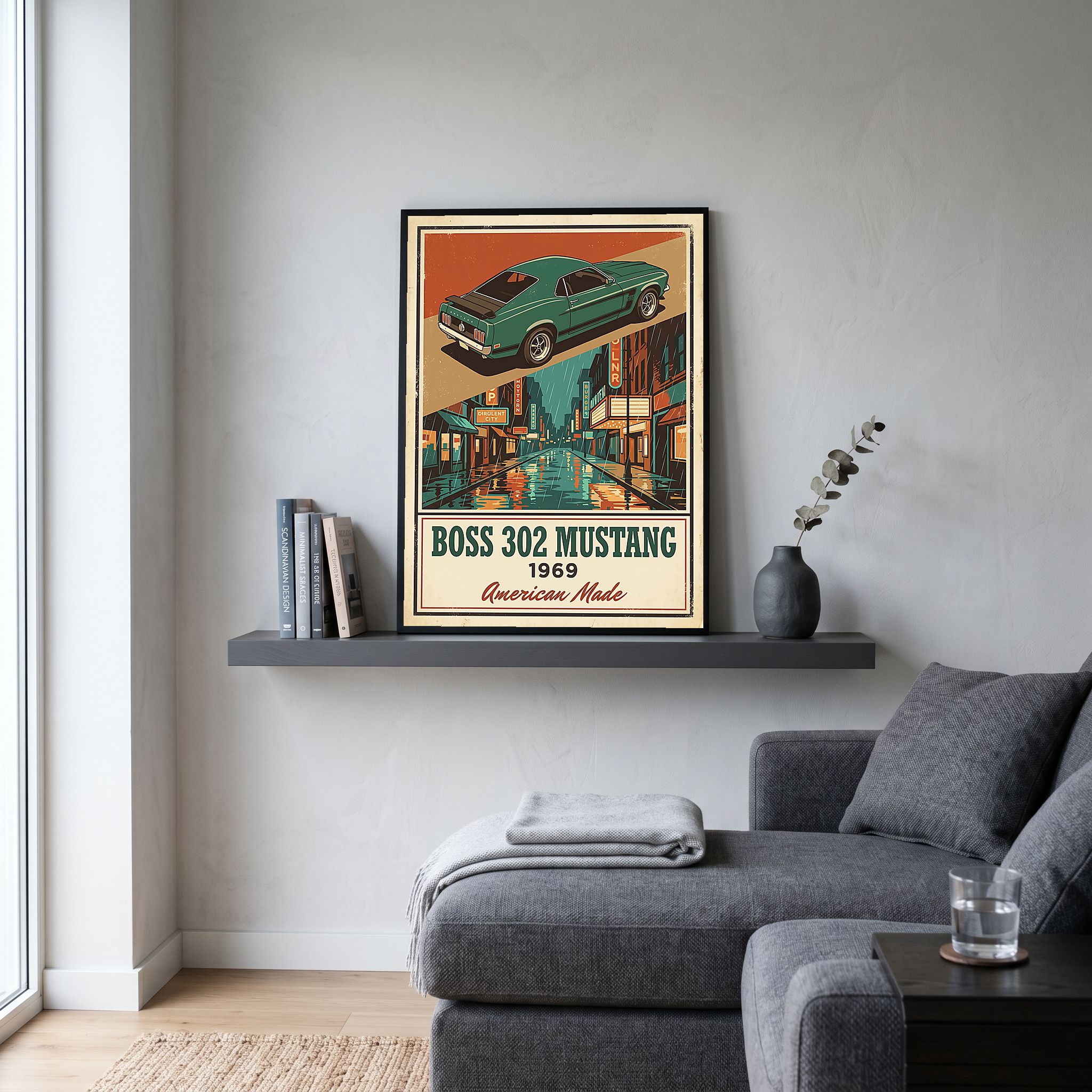 Boss 302 Mustang 1969 V2 Poster — Vintage Muscle Rainy Cinema Street Print