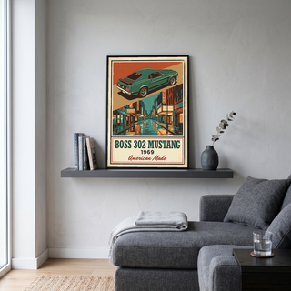 Boss 302 Mustang 1969 V2 Poster — Vintage Muscle Rainy Cinema Street Print