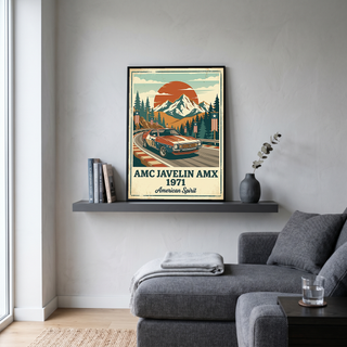 AMC Javelin AMX 1971 Poster — Vintage Muscle Car Race Track Mountain Print