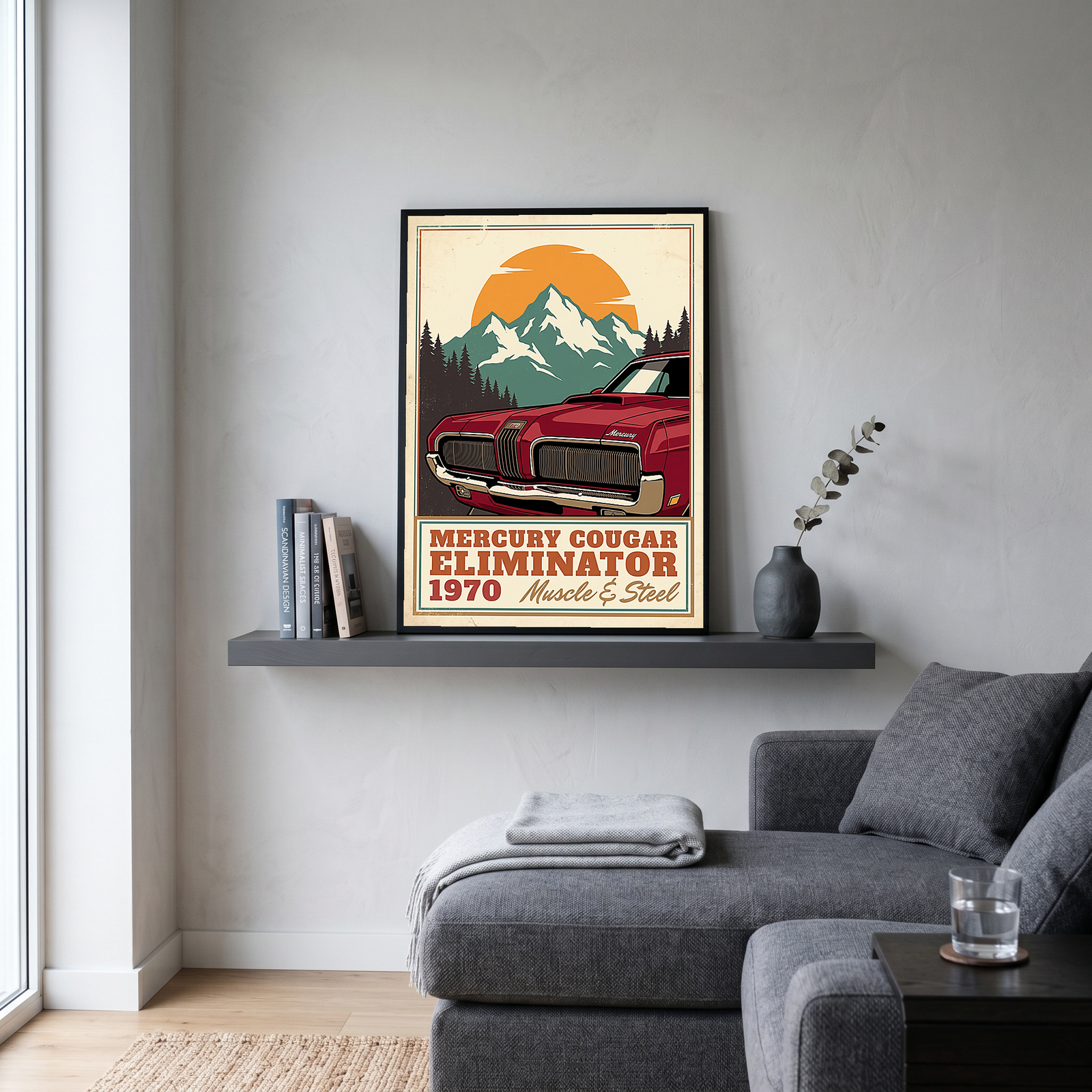 Mercury Cougar Eliminator 1970 V3 Poster — Vintage Muscle Front Grille Mountain Print