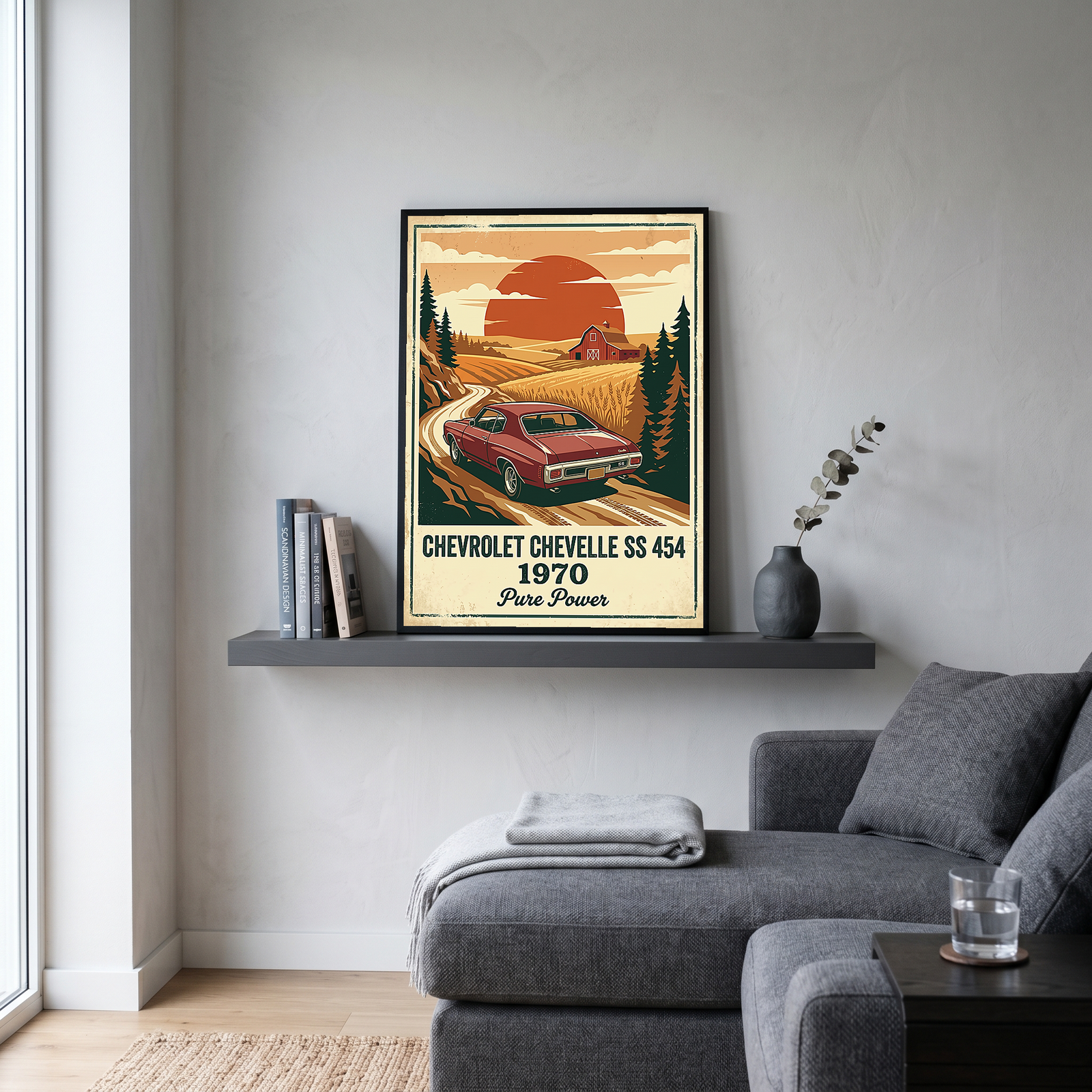 Chevrolet Chevelle SS 454 1970 V2 Poster — Vintage Muscle Car Wheat Field Sunset Print