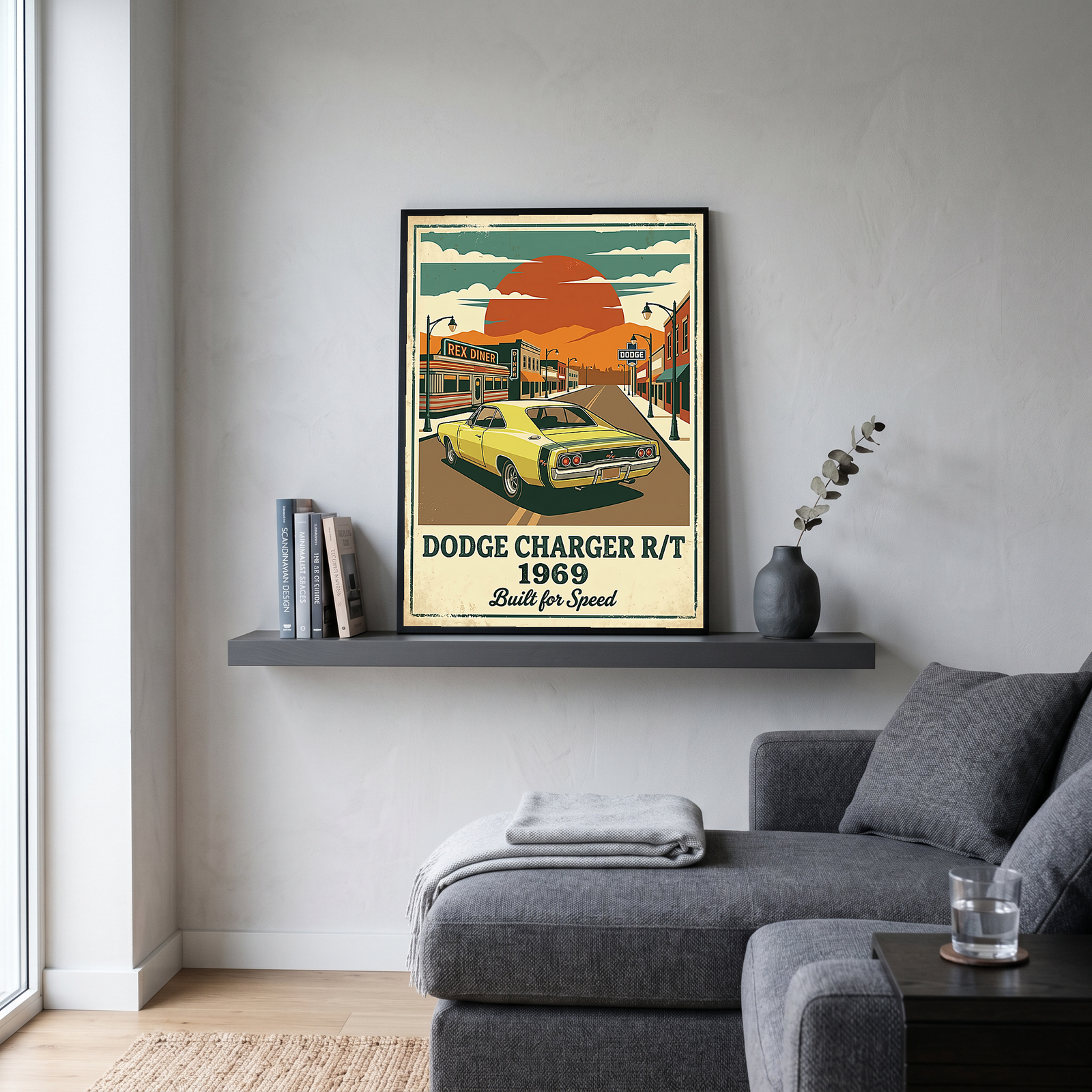 Dodge Charger R/T 1969 Yellow Edition — Vintage Muscle Diner Main Street Print