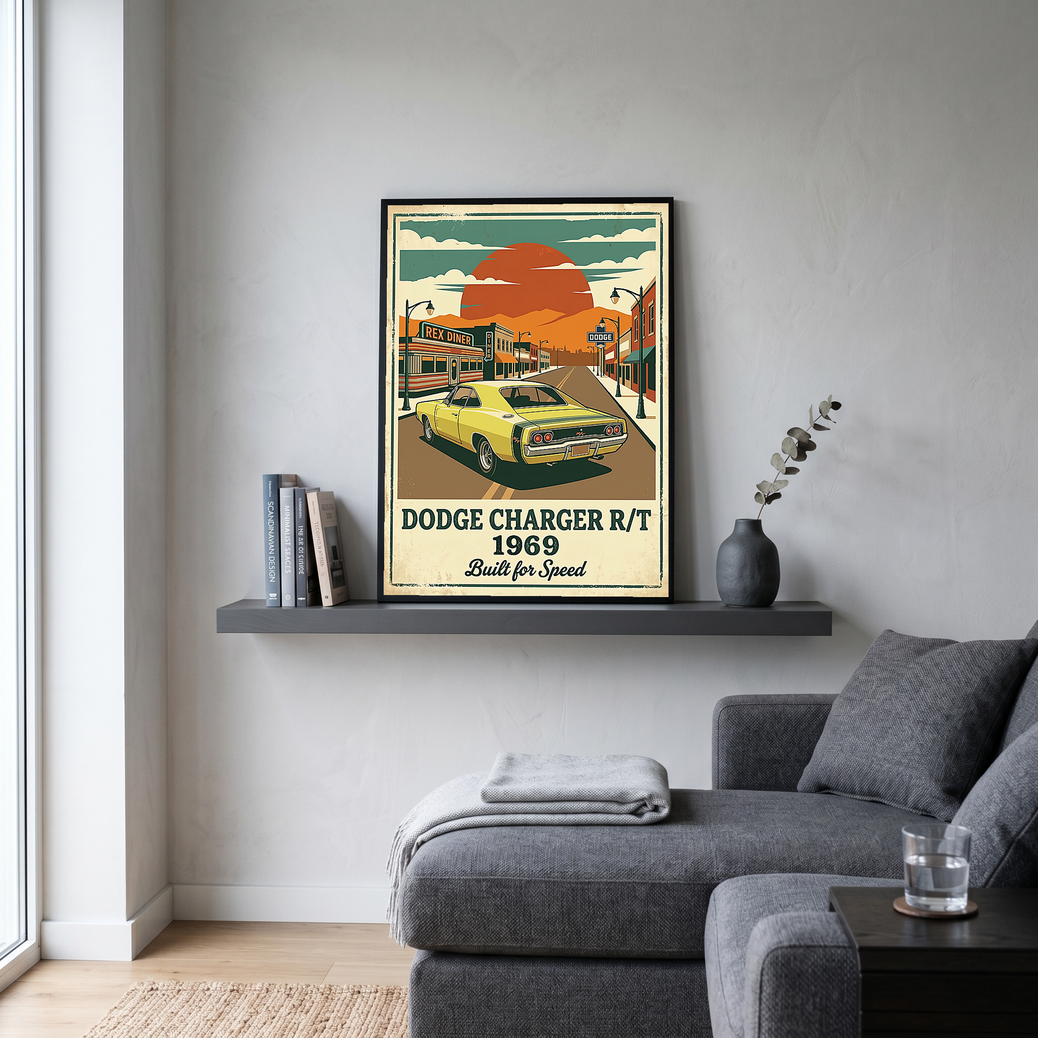 Dodge Charger R/T 1969 Yellow Edition — Vintage Muscle Diner Main Street Print