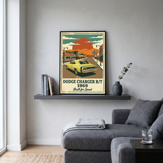Dodge Charger R/T 1969 Yellow Edition — Vintage Muscle Diner Main Street Print