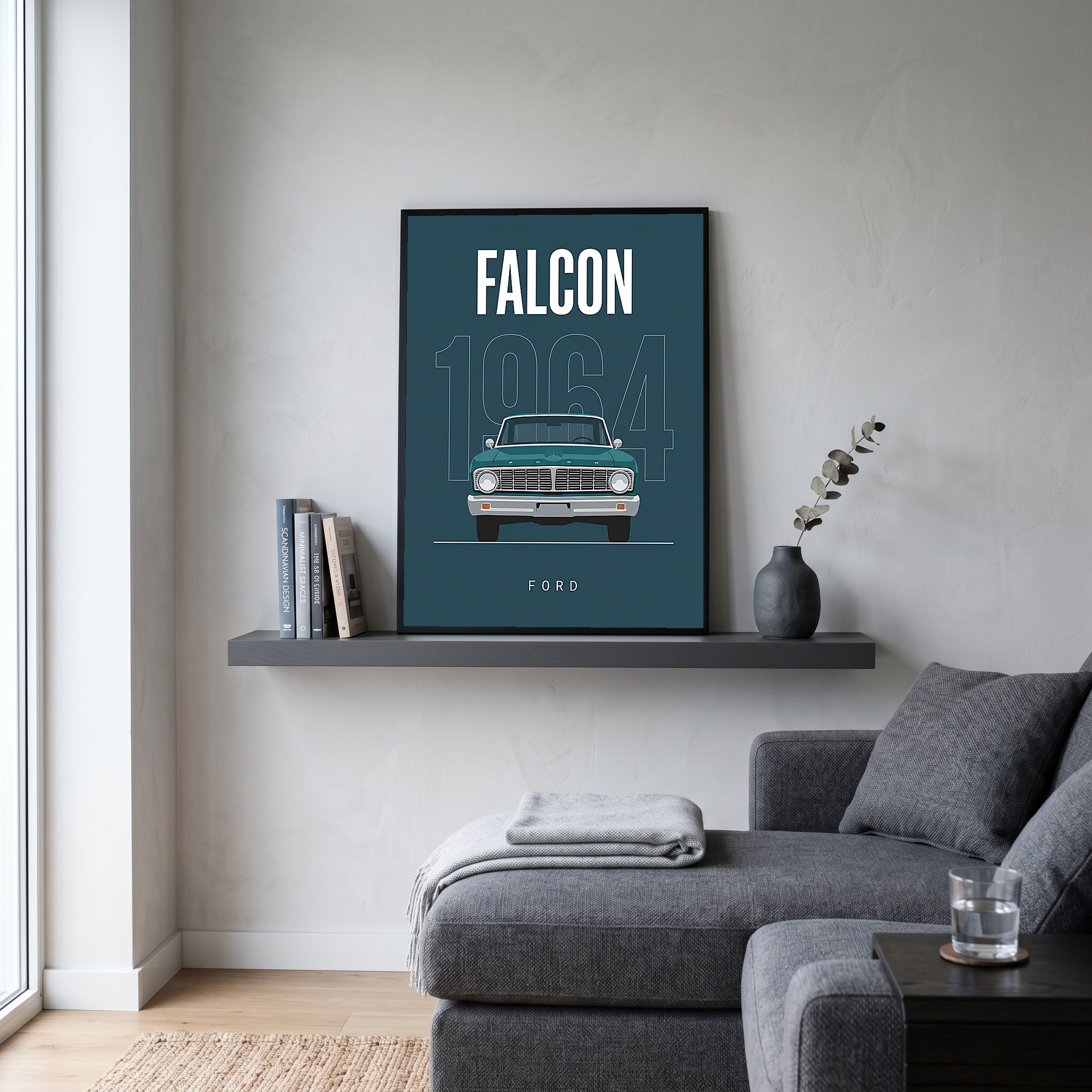 Ford Falcon 1964 Minimalist Poster — Teal Compact Muscle Line Art