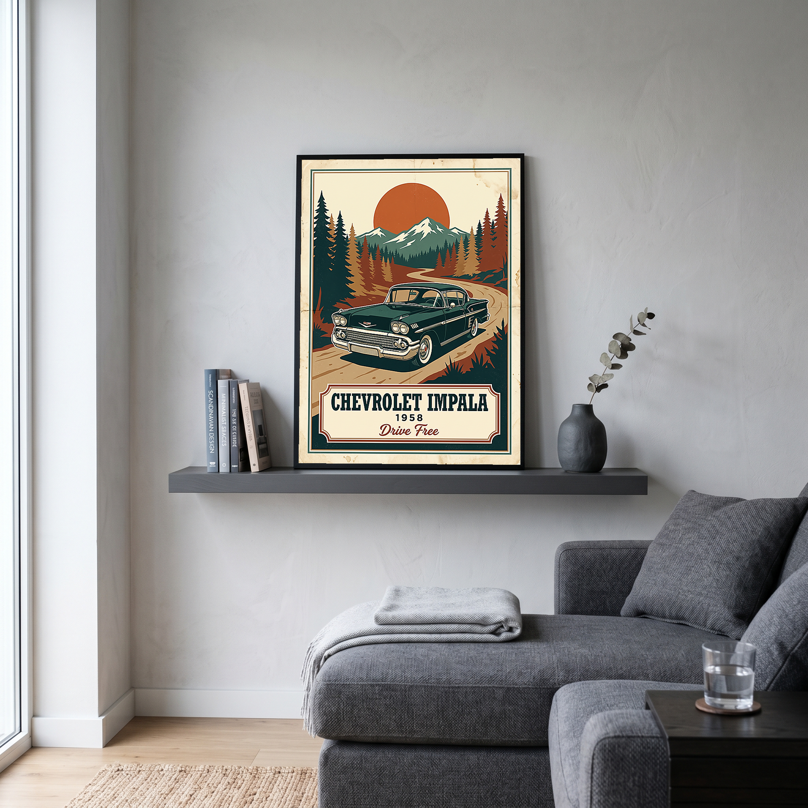 Chevrolet Impala 1958 Poster — Vintage Muscle Mountain Pine Sunset Print