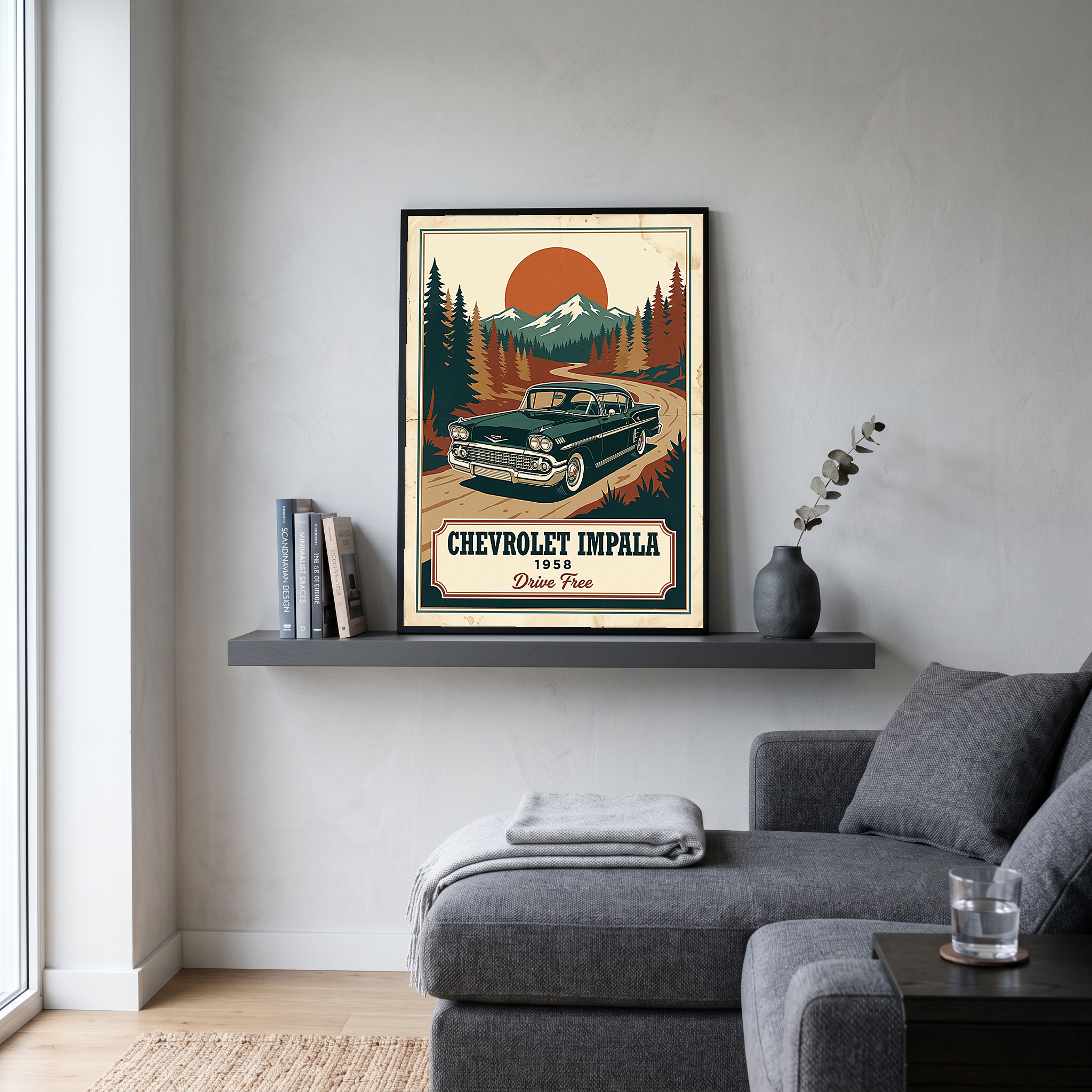 Chevrolet Impala 1958 Poster — Vintage Muscle Mountain Pine Sunset Print