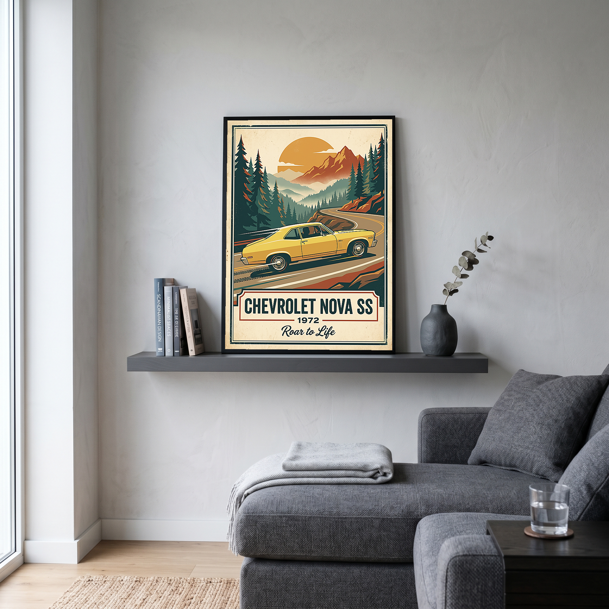 Chevrolet Nova SS 1972 V2 Poster — Vintage Muscle Mountain Pine Winding Road Print