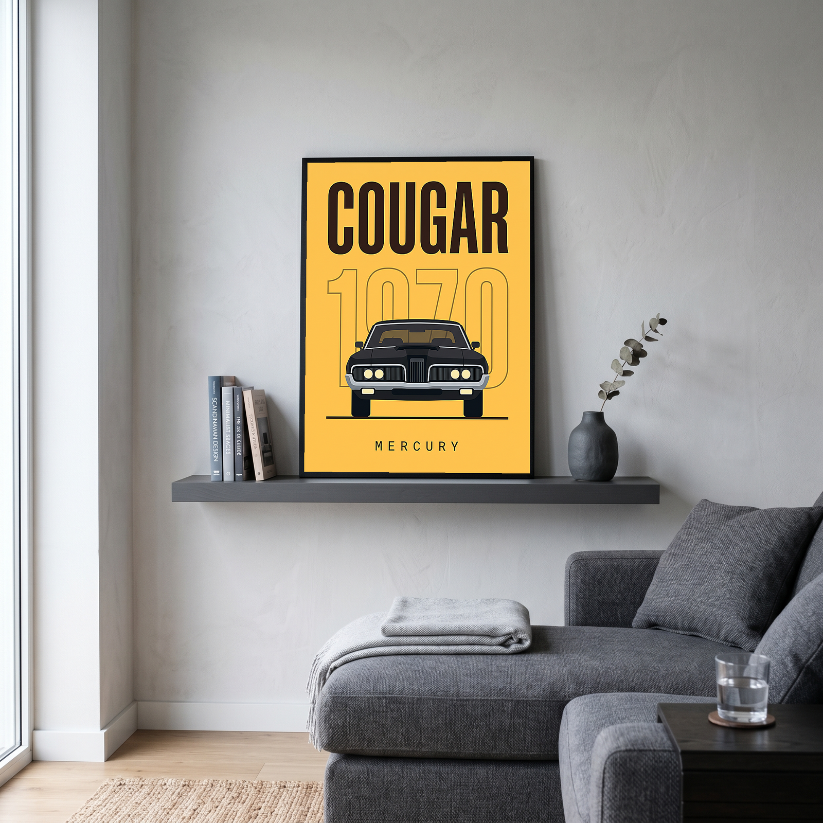 Mercury Cougar 1970 Minimalist Poster — Golden Yellow Muscle Car Line Art