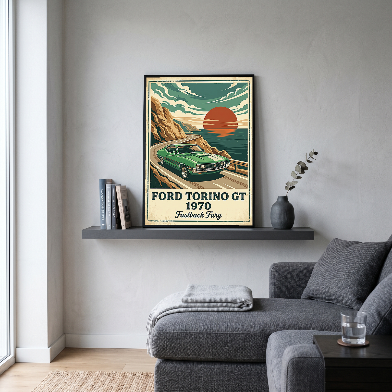 Ford Torino GT 1970 Poster — Vintage Muscle Car Coastal Cliff Sunset Print