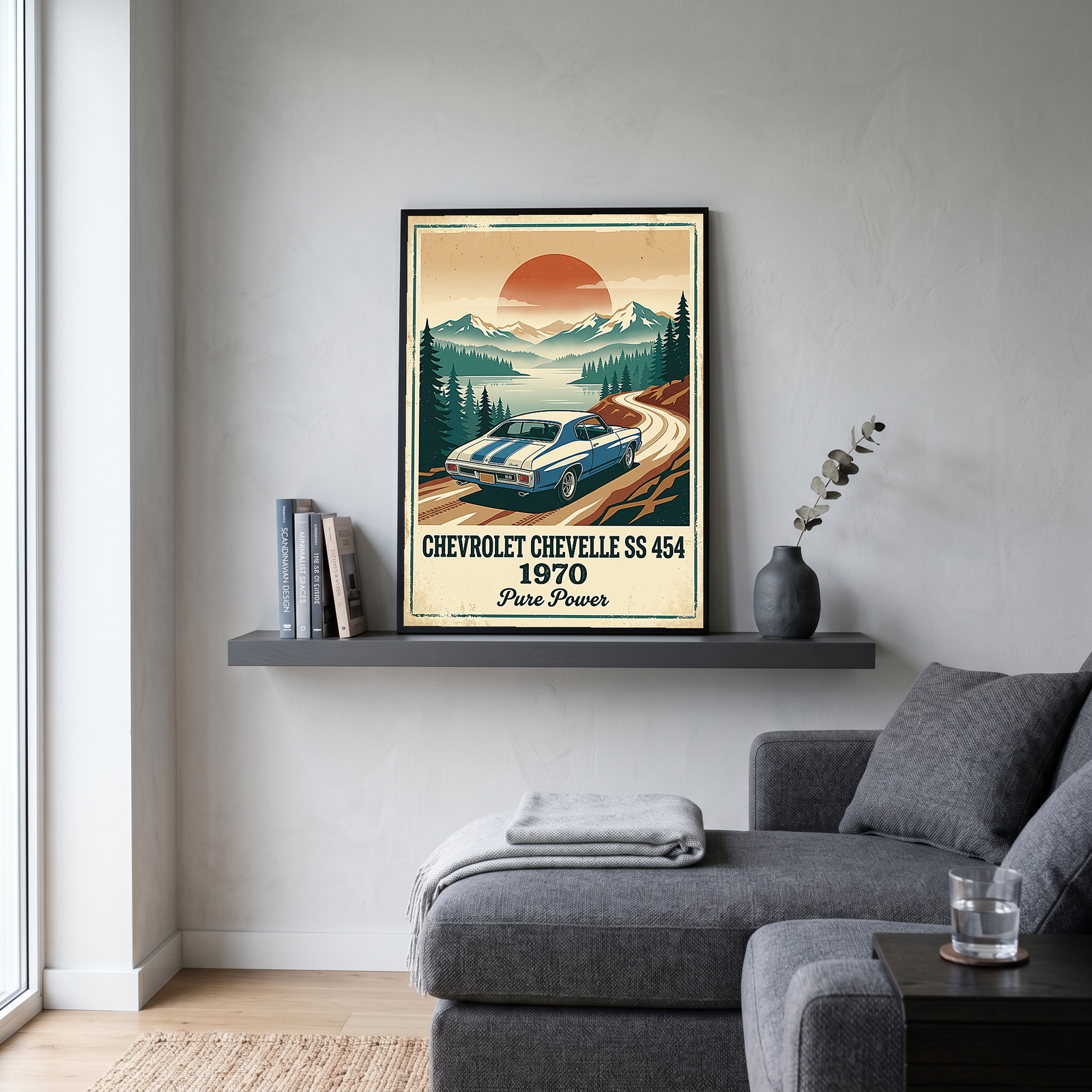 Chevrolet Chevelle SS 454 1970 Sky Blue Poster — Vintage Muscle Car Mountain Lake Print
