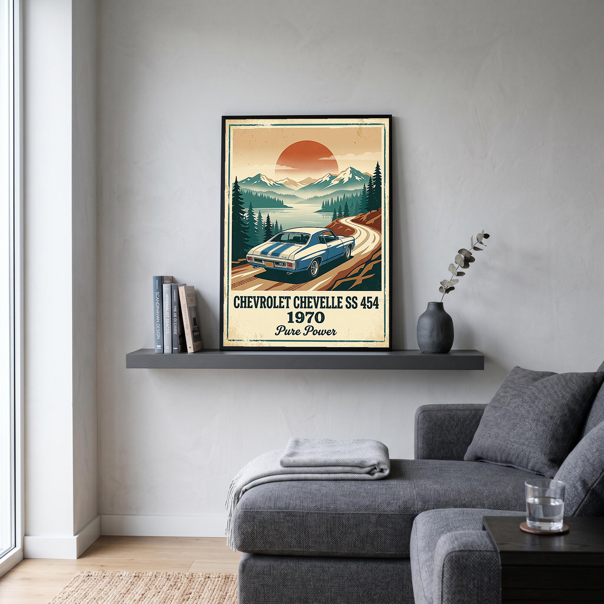 Chevrolet Chevelle SS 454 1970 Sky Blue Poster — Vintage Muscle Car Mountain Lake Print