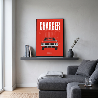 Dodge Charger 1969 Minimalist Poster — Red Muscle Car Line Art
