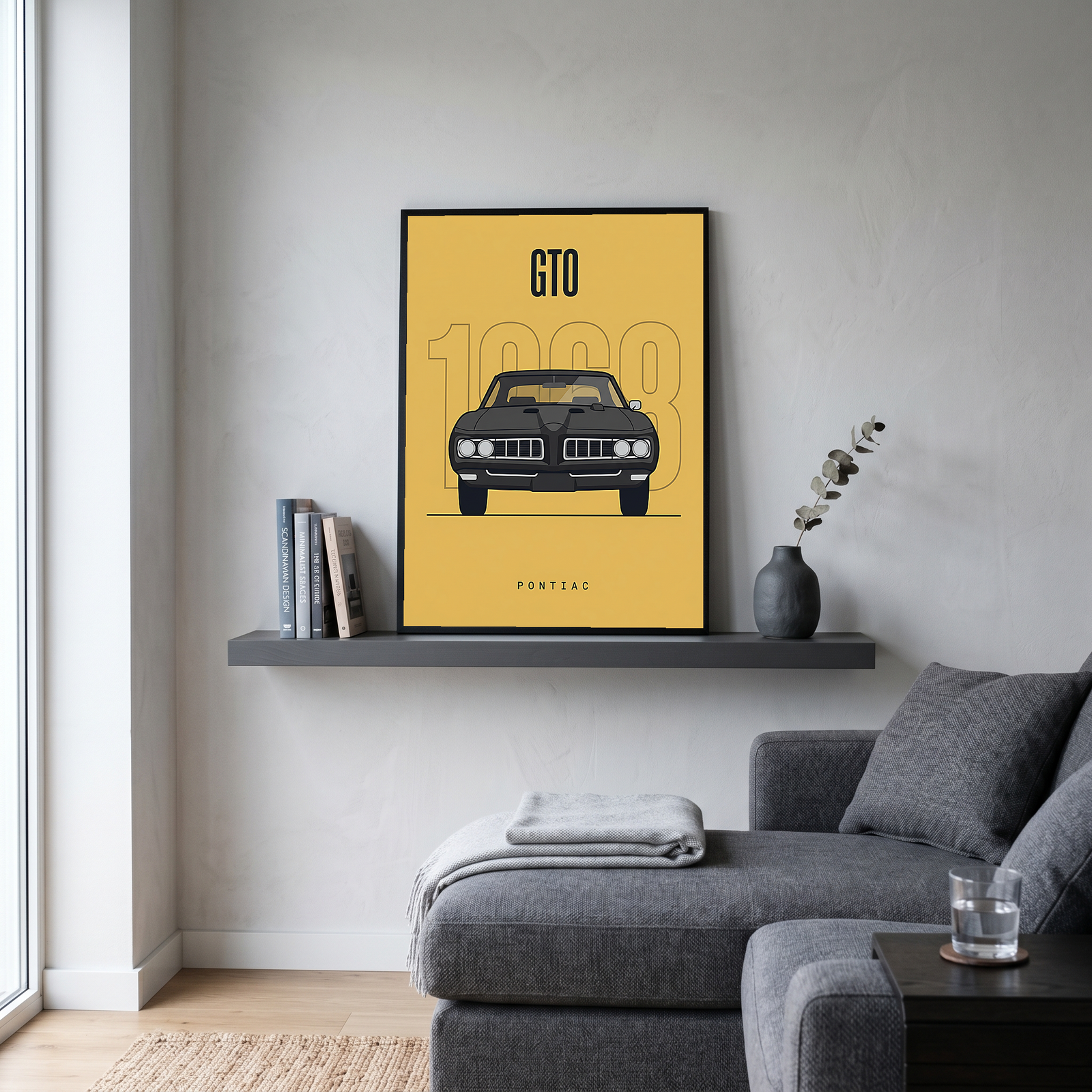 Pontiac GTO 1968 Minimalist Poster — Golden Yellow Muscle Car Line Art