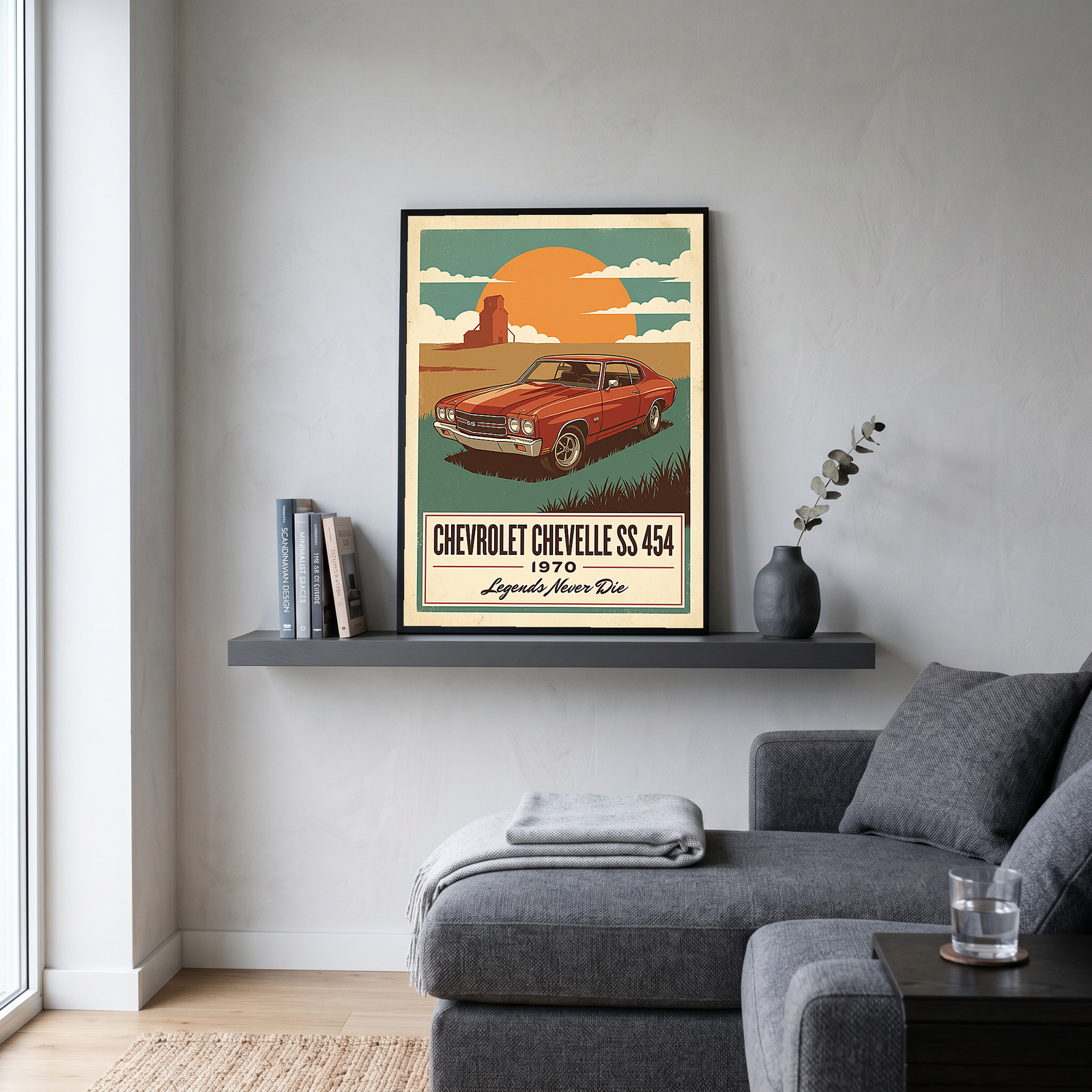 Chevrolet Chevelle SS 454 1970 V8 Sunset Silo Poster — Vintage Muscle Heartland Print