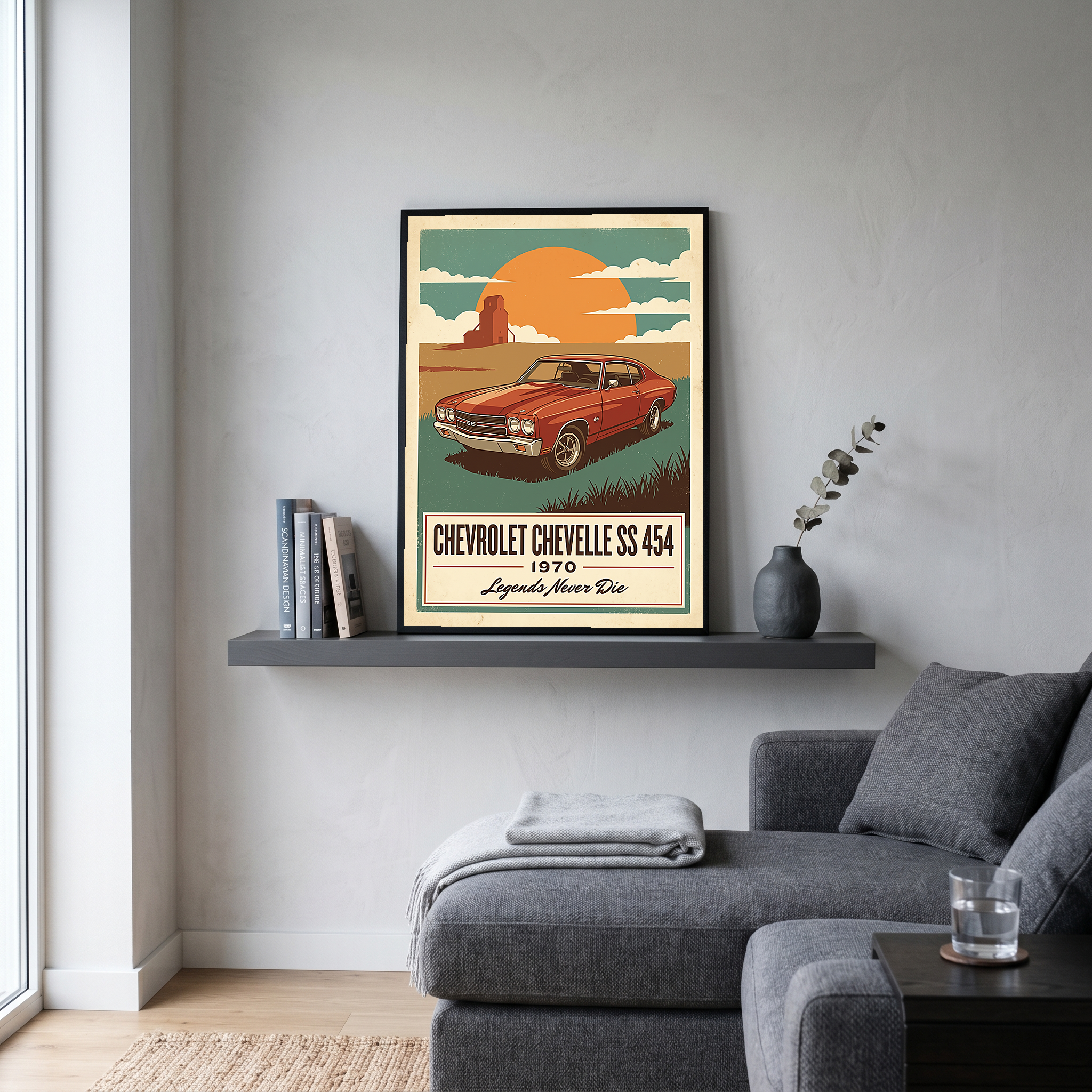 Chevrolet Chevelle SS 454 1970 V8 Sunset Silo Poster — Vintage Muscle Heartland Print
