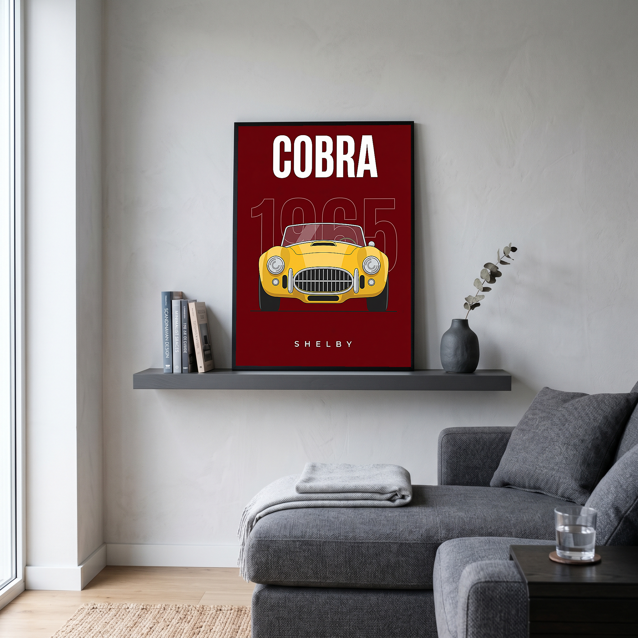 Shelby Cobra 1965 Minimalist Poster — Burgundy Roadster Line Art