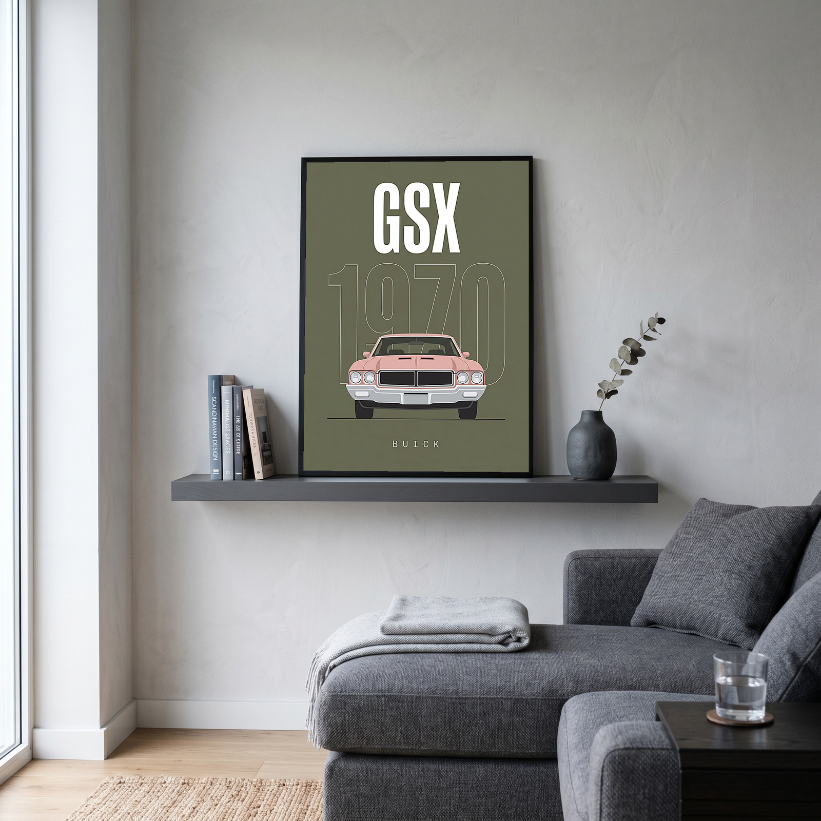 Buick GSX 1970 Minimalist Poster — Olive Sage Muscle Car Line Art