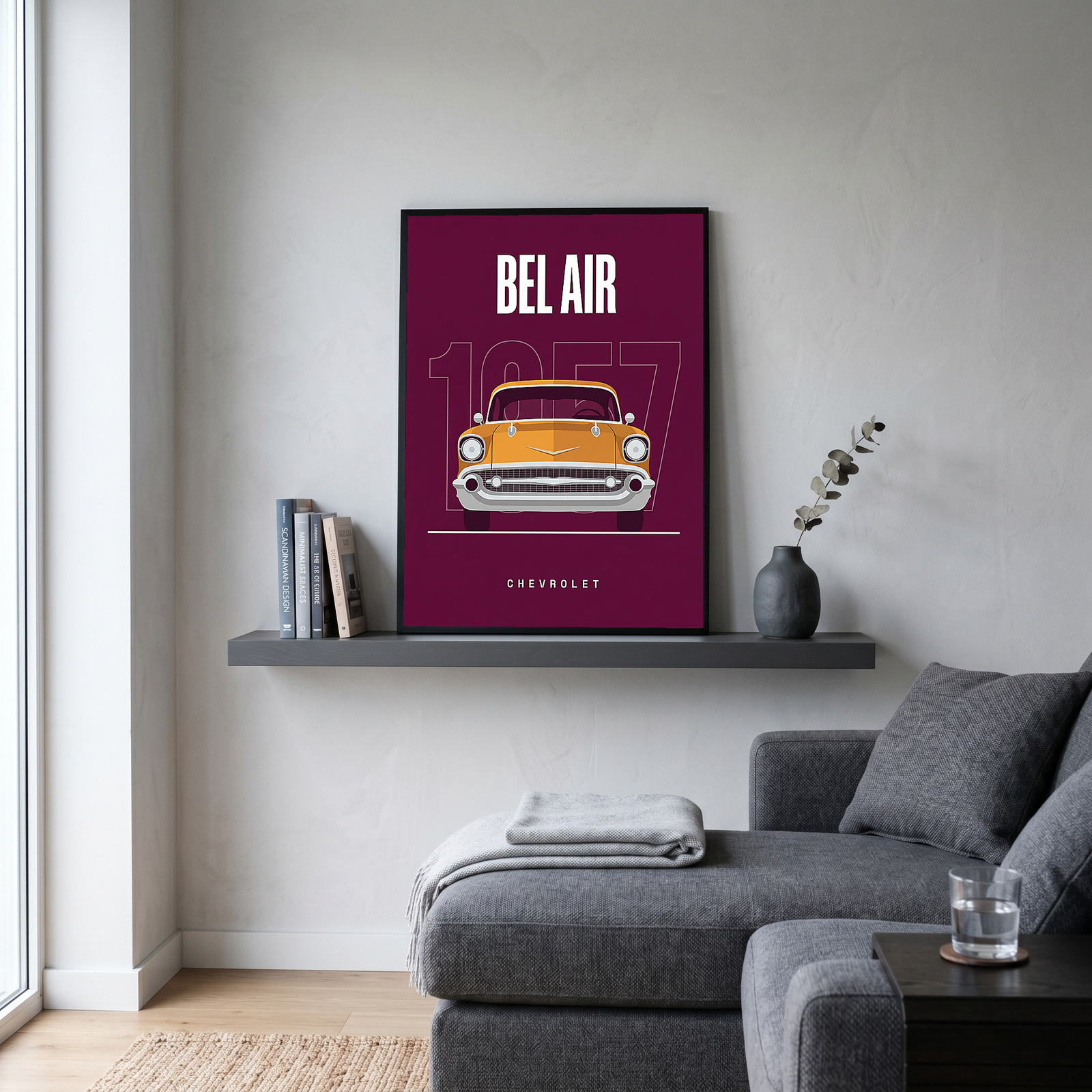 Chevrolet Bel Air 1957 Minimalist Poster — Burgundy Classic Car Line Art