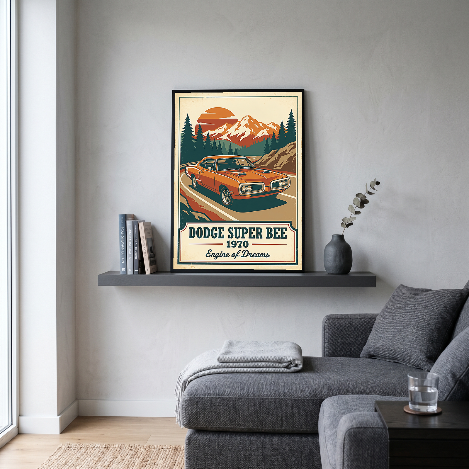 Dodge Super Bee 1970 V2 Poster — Vintage Muscle Mountain Pine Sunset Print