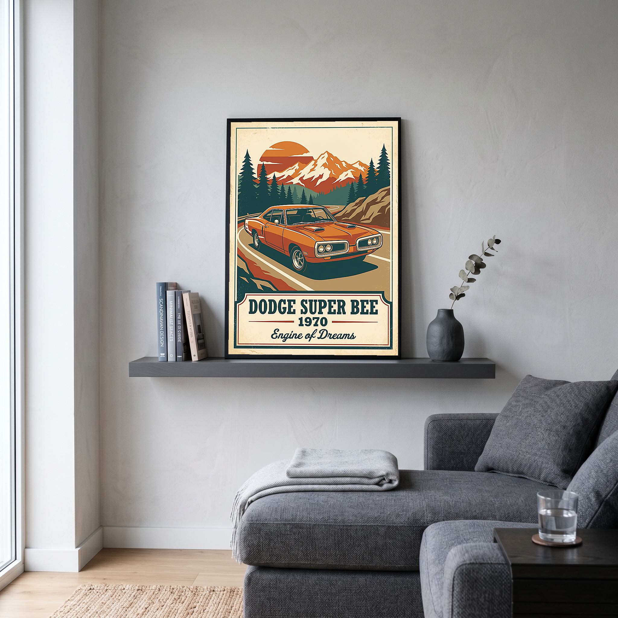 Dodge Super Bee 1970 V2 Poster — Vintage Muscle Mountain Pine Sunset Print
