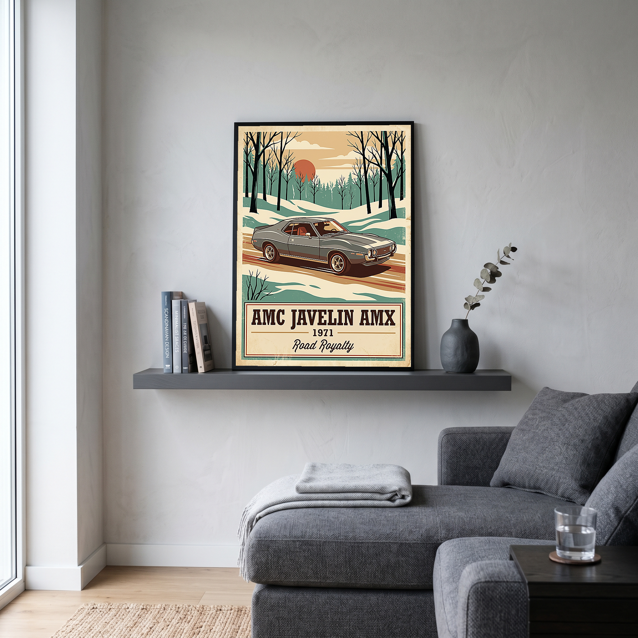 AMC Javelin AMX 1971 V2 Poster — Vintage Muscle Winter Snow Birch Forest Print