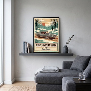 AMC Javelin AMX 1971 V2 Poster — Vintage Muscle Winter Snow Birch Forest Print