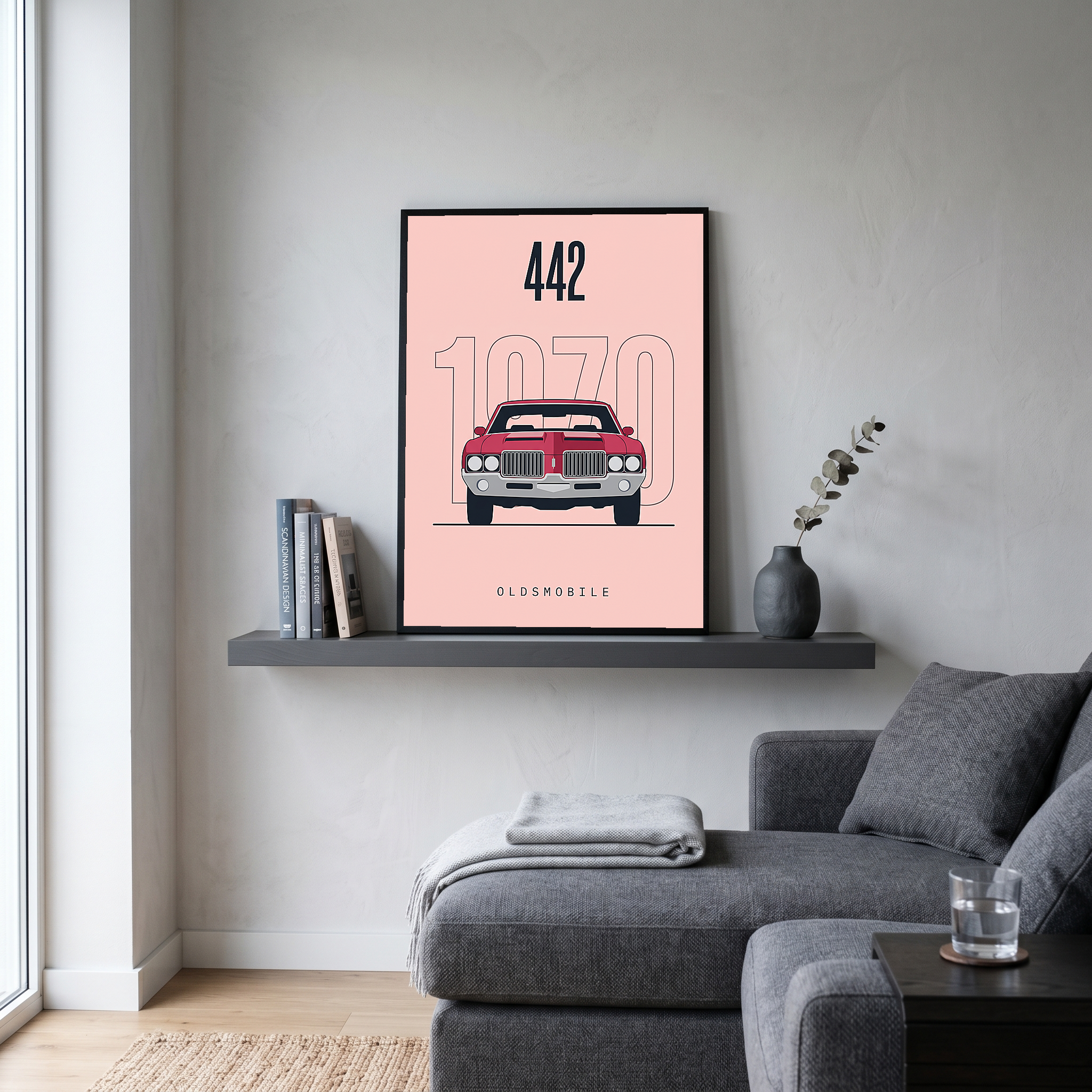 Oldsmobile 442 1970 Minimalist Poster — Blush Pink Muscle Car Line Art