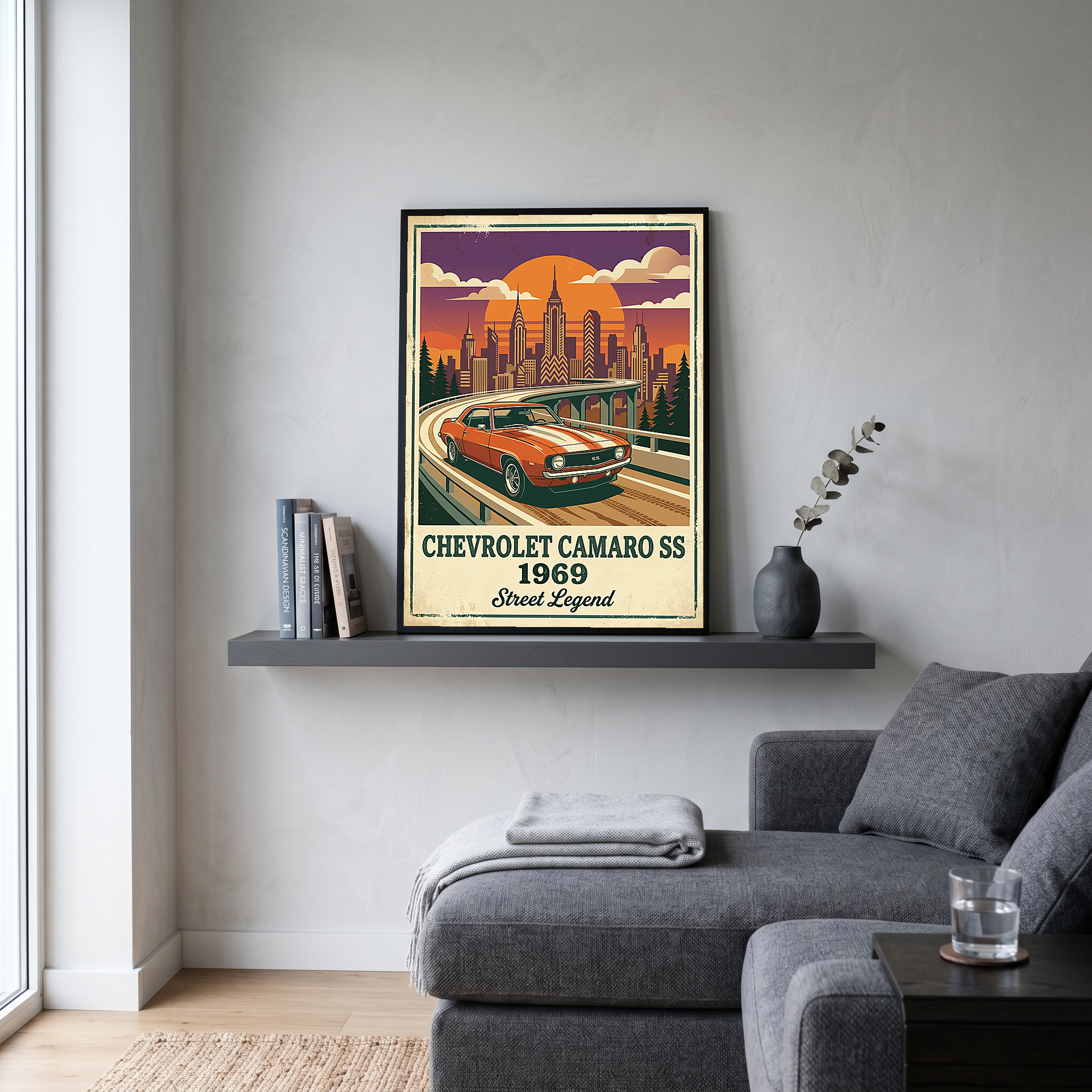 Chevrolet Camaro SS 1969 Poster — Vintage Muscle Car City Skyline Print