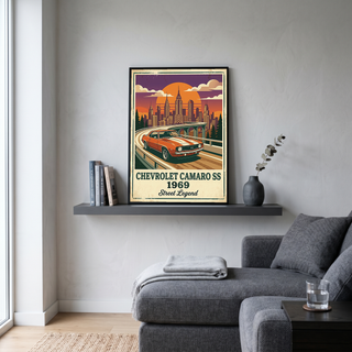 Chevrolet Camaro SS 1969 Poster — Vintage Muscle Car City Skyline Print