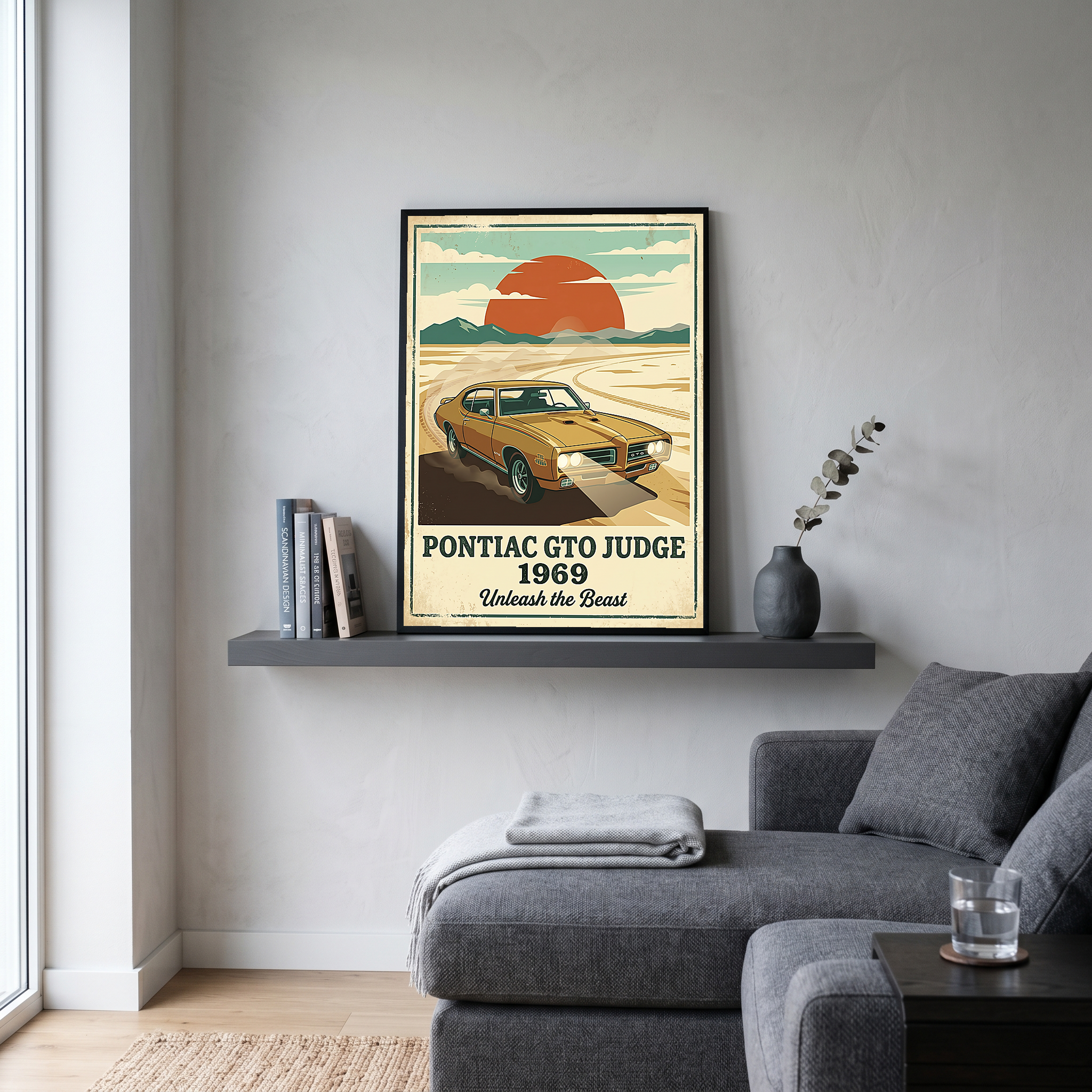 Pontiac GTO Judge 1969 V2 Poster — Vintage Muscle Car Desert Sunset Print