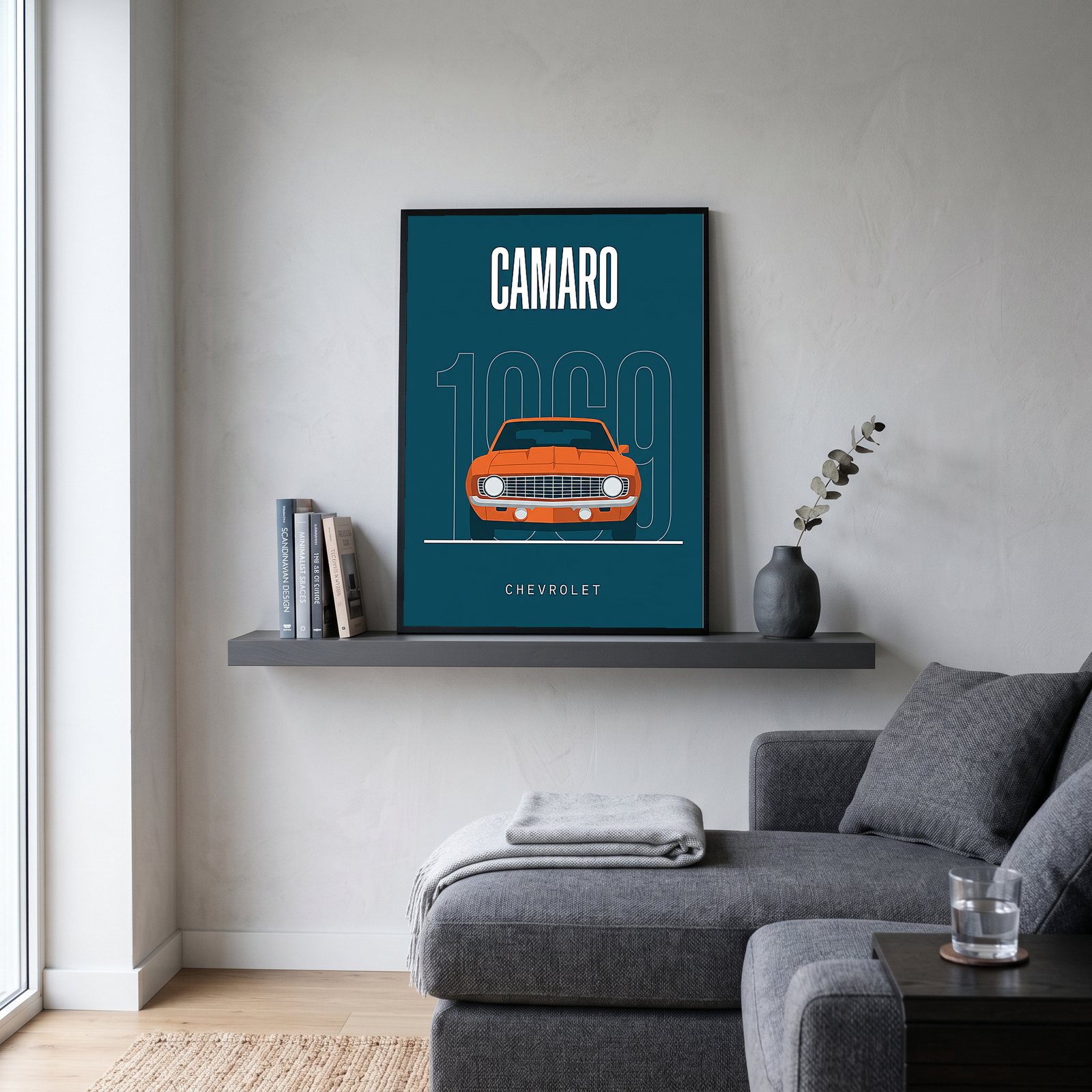 Chevrolet Camaro 1969 Minimalist Poster — Teal Muscle Car Line Art