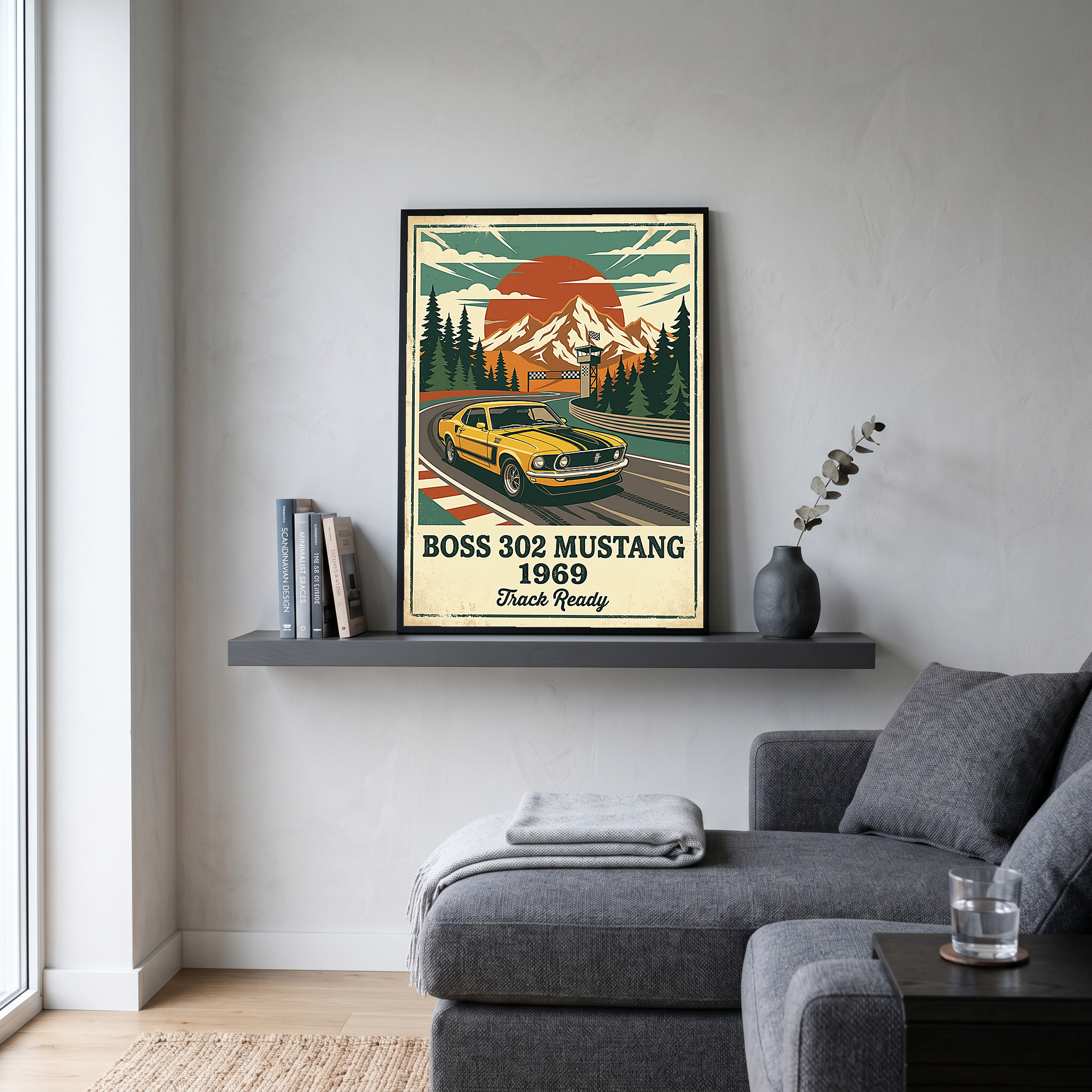 Boss 302 Mustang 1969 Poster — Vintage Muscle Car Race Track Print