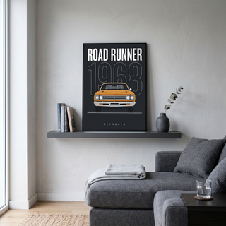 Plymouth Road Runner 1968 Minimalist Poster — Charcoal Muscle Car Line Art