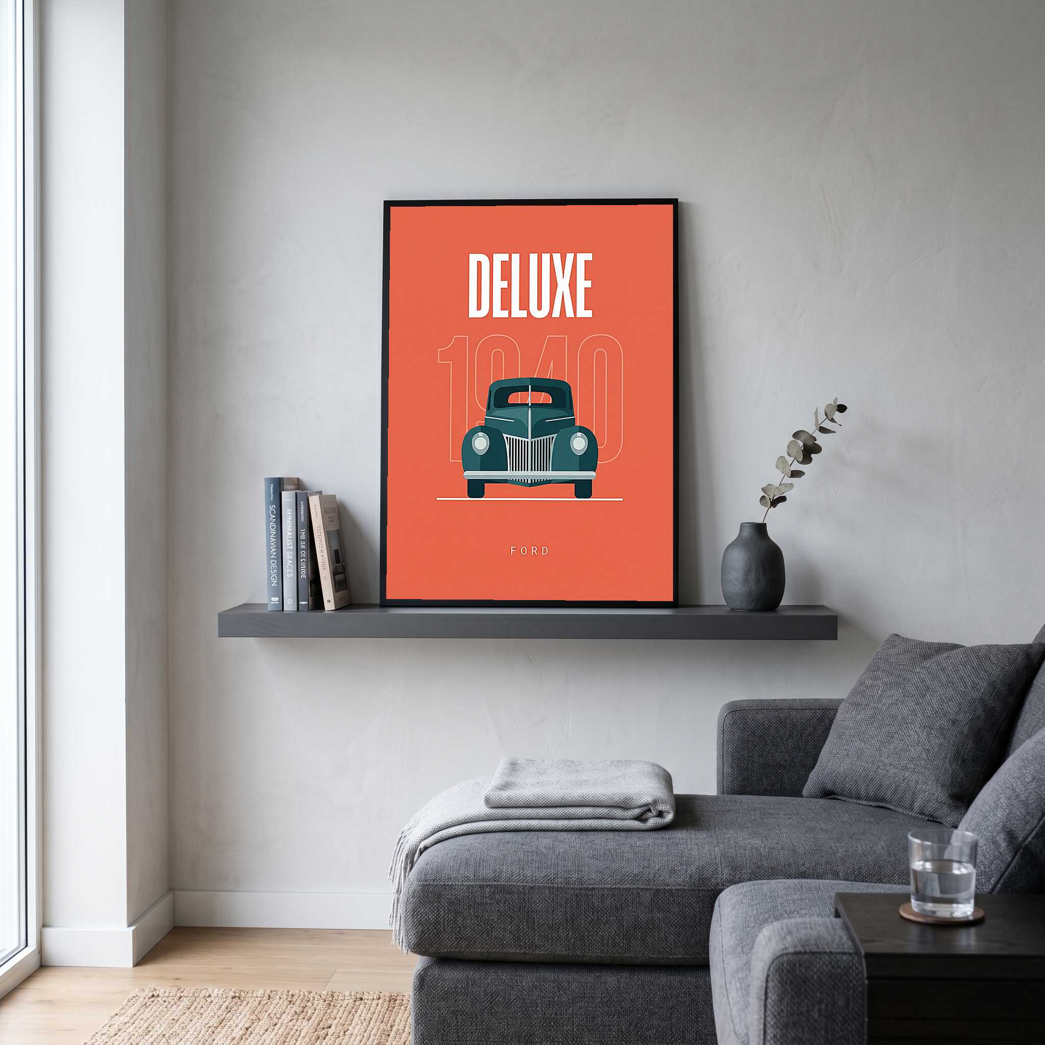 Ford Deluxe 1940 Minimalist Poster — Coral Pre-War Classic Line Art