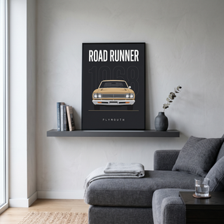 Plymouth Road Runner 1968 V2 Minimalist Poster — Sand on Charcoal Muscle Line Art