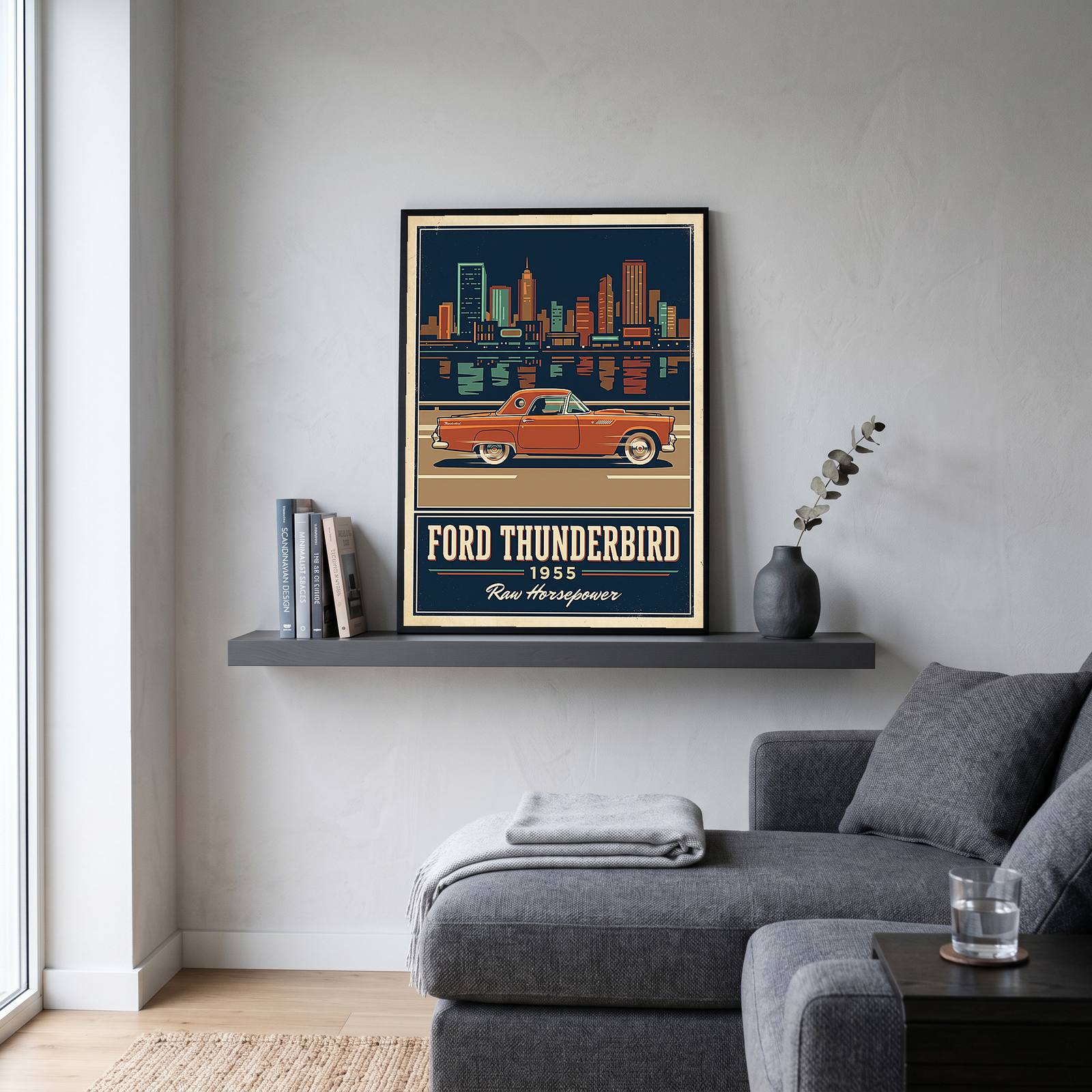 Ford Thunderbird 1955 Poster — Vintage Two-Seater Convertible City Skyline Print