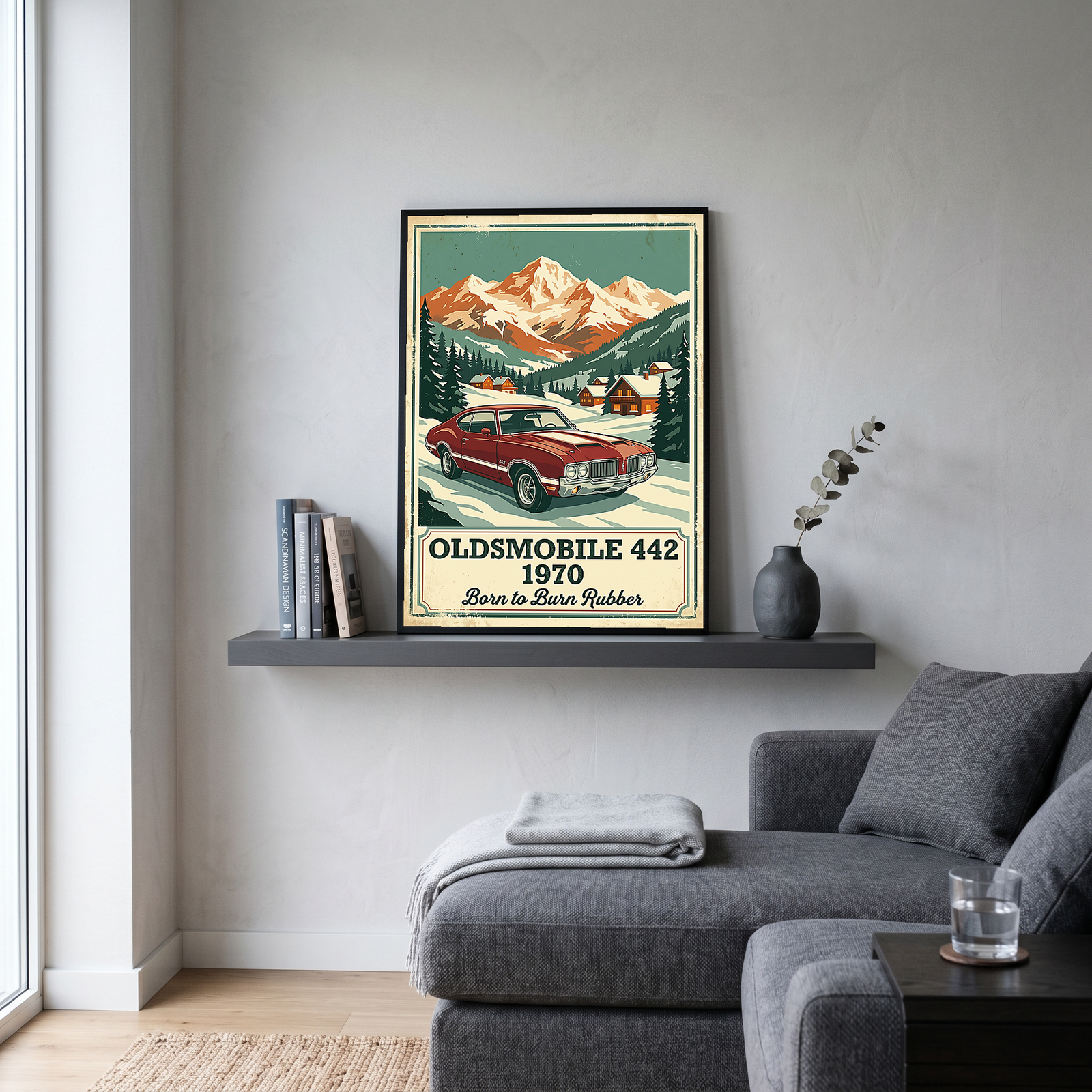 Oldsmobile 442 1970 V2 Poster — Vintage Muscle Winter Alpine Village Print
