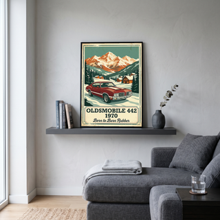 Oldsmobile 442 1970 V2 Poster — Vintage Muscle Winter Alpine Village Print